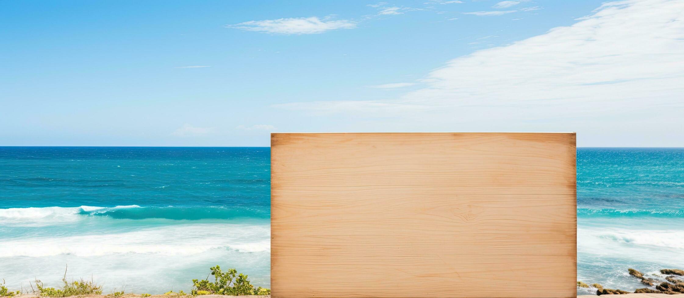 A blank wooden sign is displayed against the backdrop of a blue sky and sea with waves. The sign photo