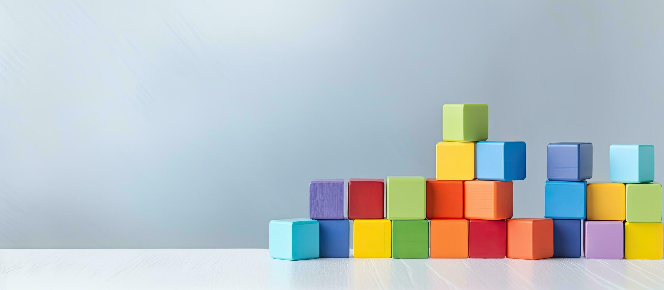 Colorful toy building blocks are displayed on a grey background with space to copy photo