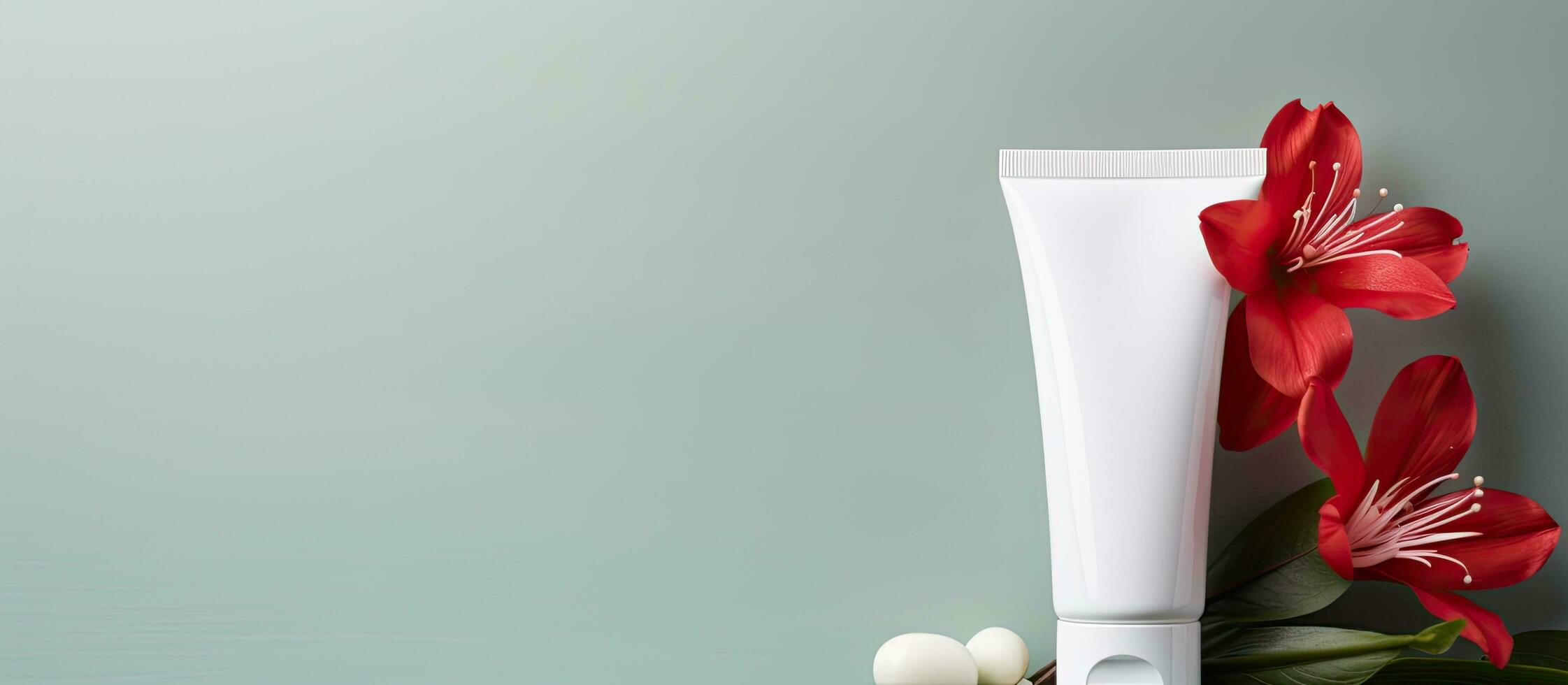 white cosmetic tube and a red flower on a green and white background. This represents minimalism photo