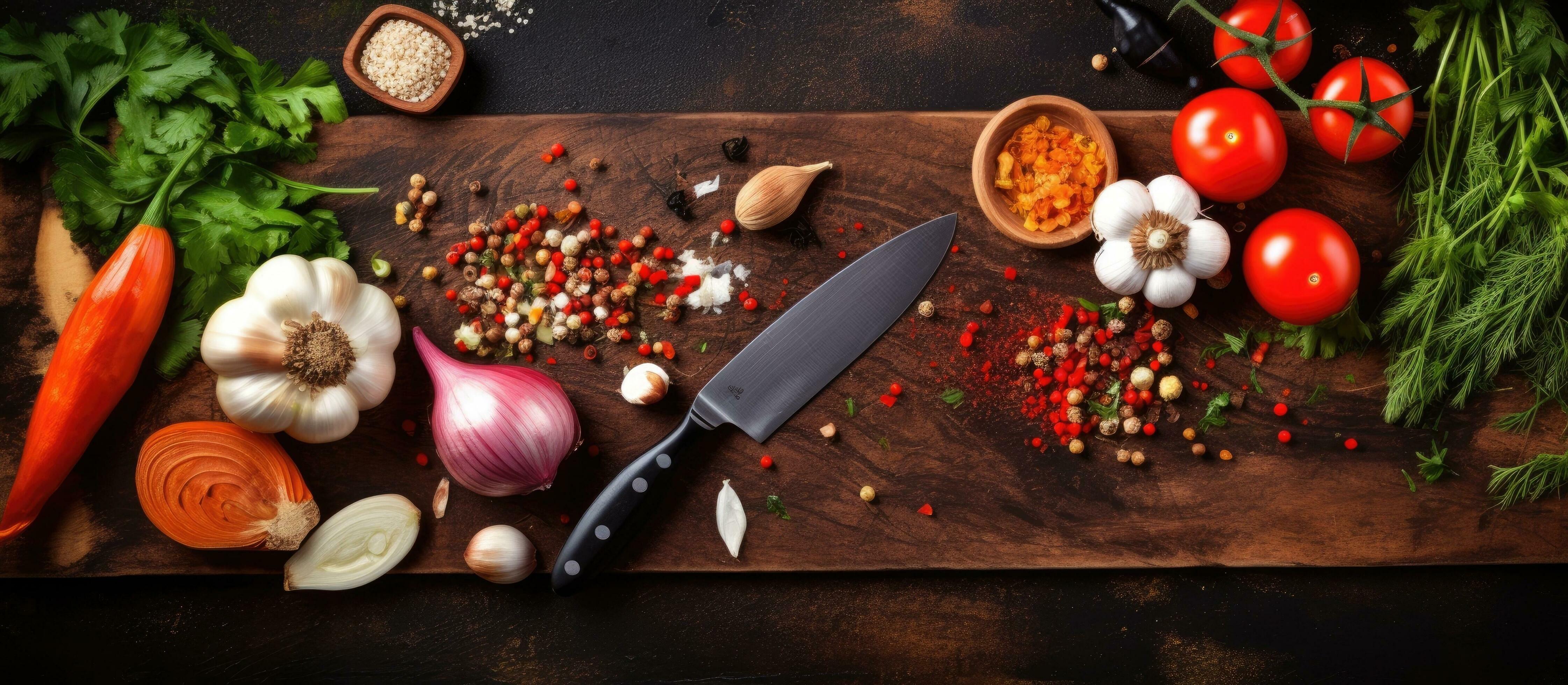 view from above of kitchen scissors, a peeler, and vegetables and