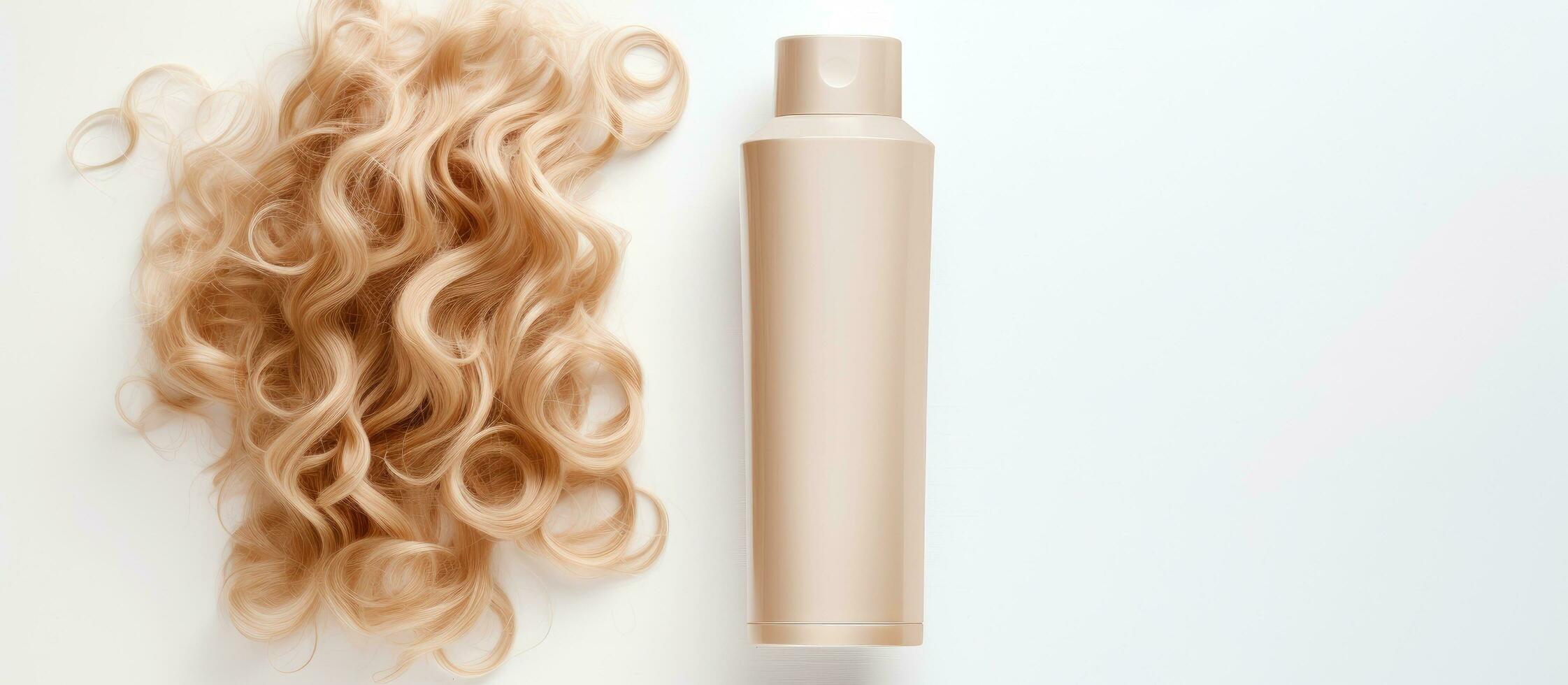 A shampoo or conditioner bottle and a lock of curly blonde hair are pictured alone on a light background. photo
