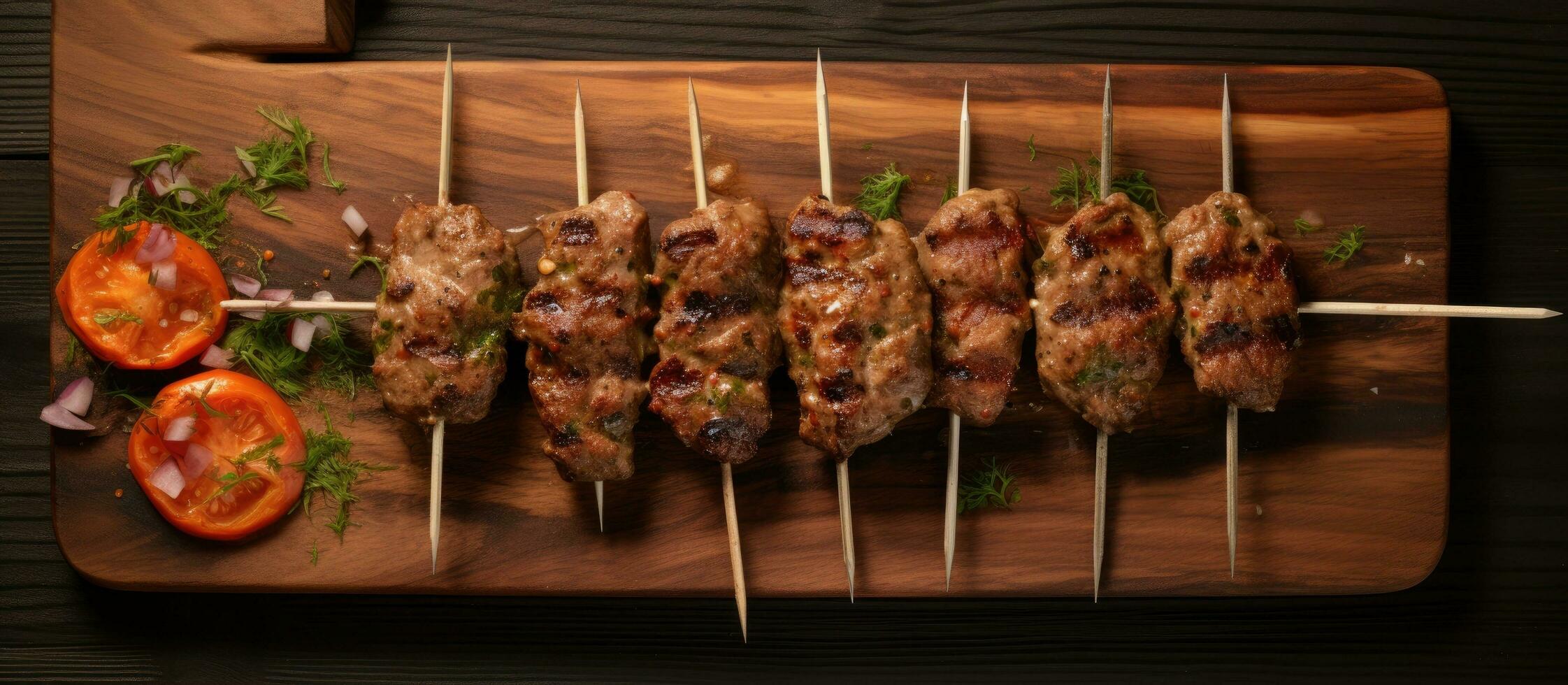 Top view of a gray background with raw kofta or lula kebabs skewers on a butcher board photo