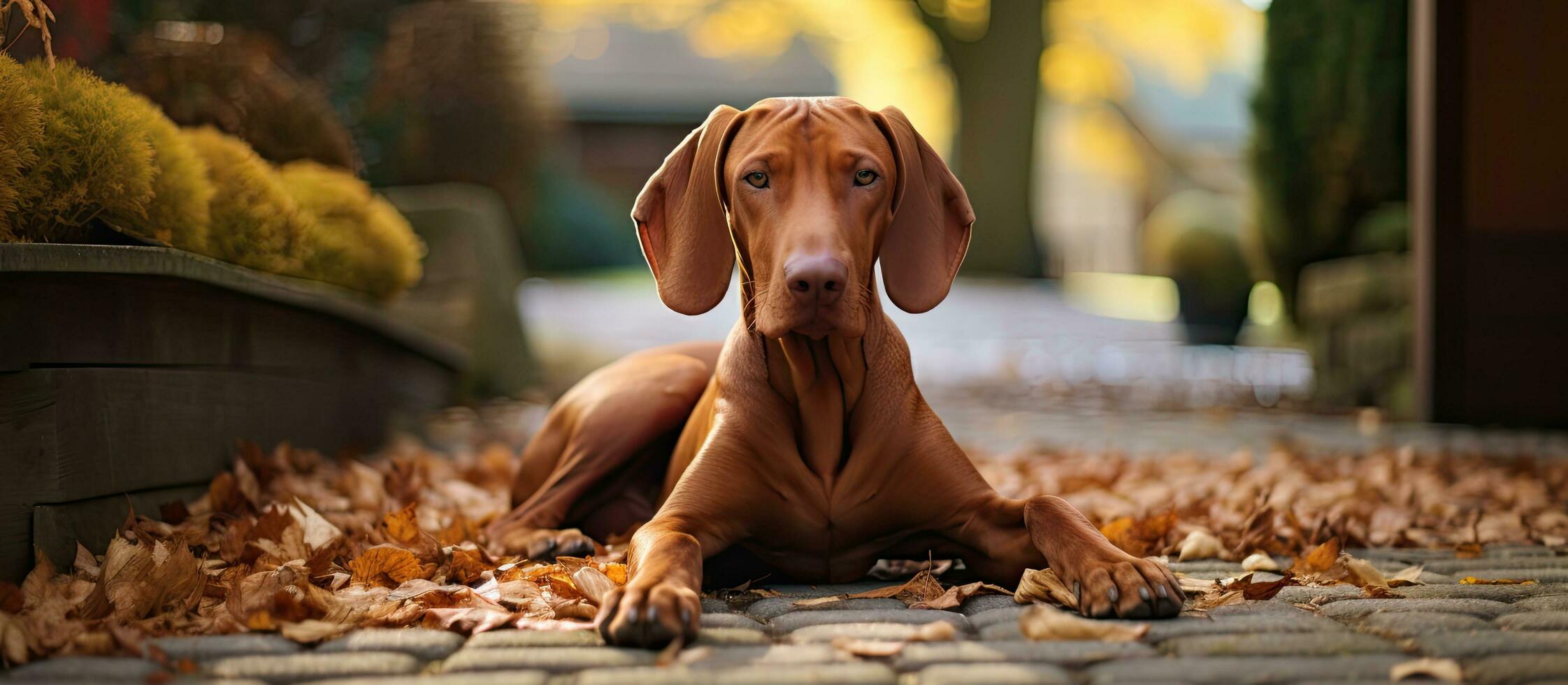 A Hungarian Vizsla dog is seen in a lovely autumn garden, appearing happy and content. The Vizsla photo