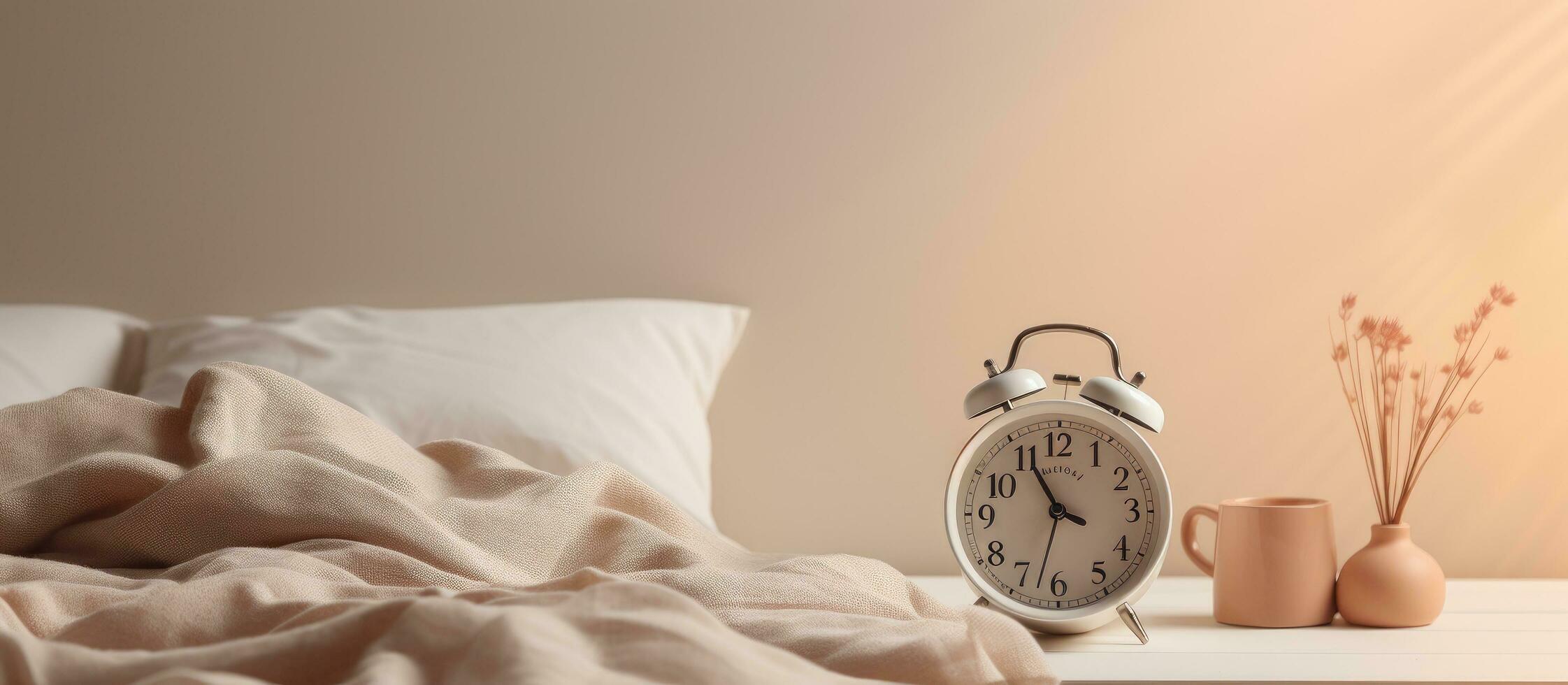 alarm clock and a cup of coffee placed on a white bedside table in front of a bed with gray linens. photo