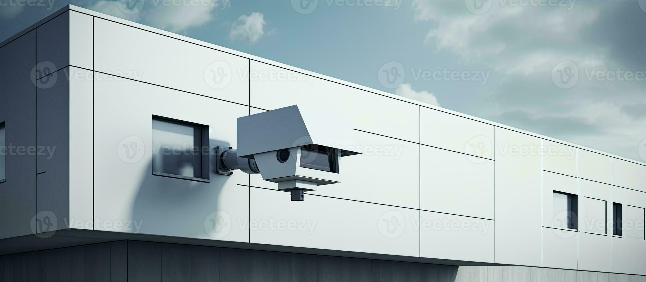 A contemporary building with advanced security features, showcasing a security camera. The concept photo