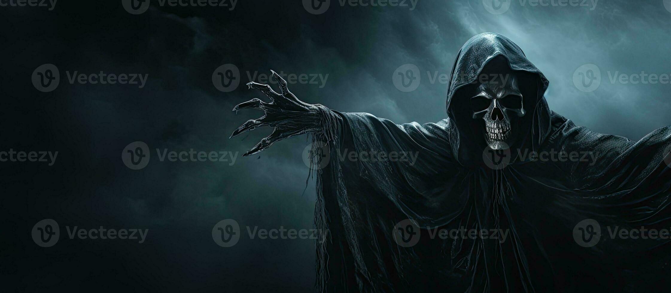 Grim Reaper extending arm towards camera against dark background with space to add text. photo