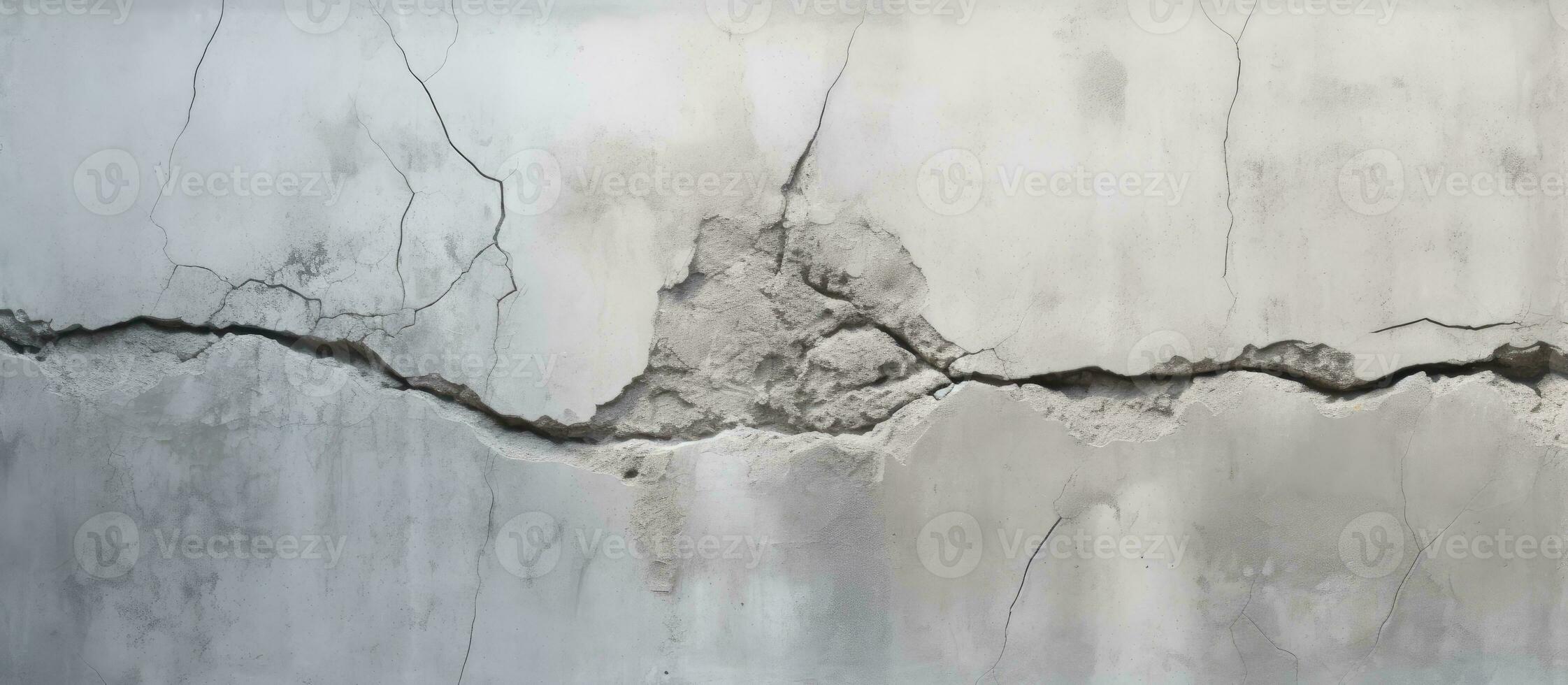 Close-up of an old concrete wall with a large ascending crack, dividing the square surface into photo