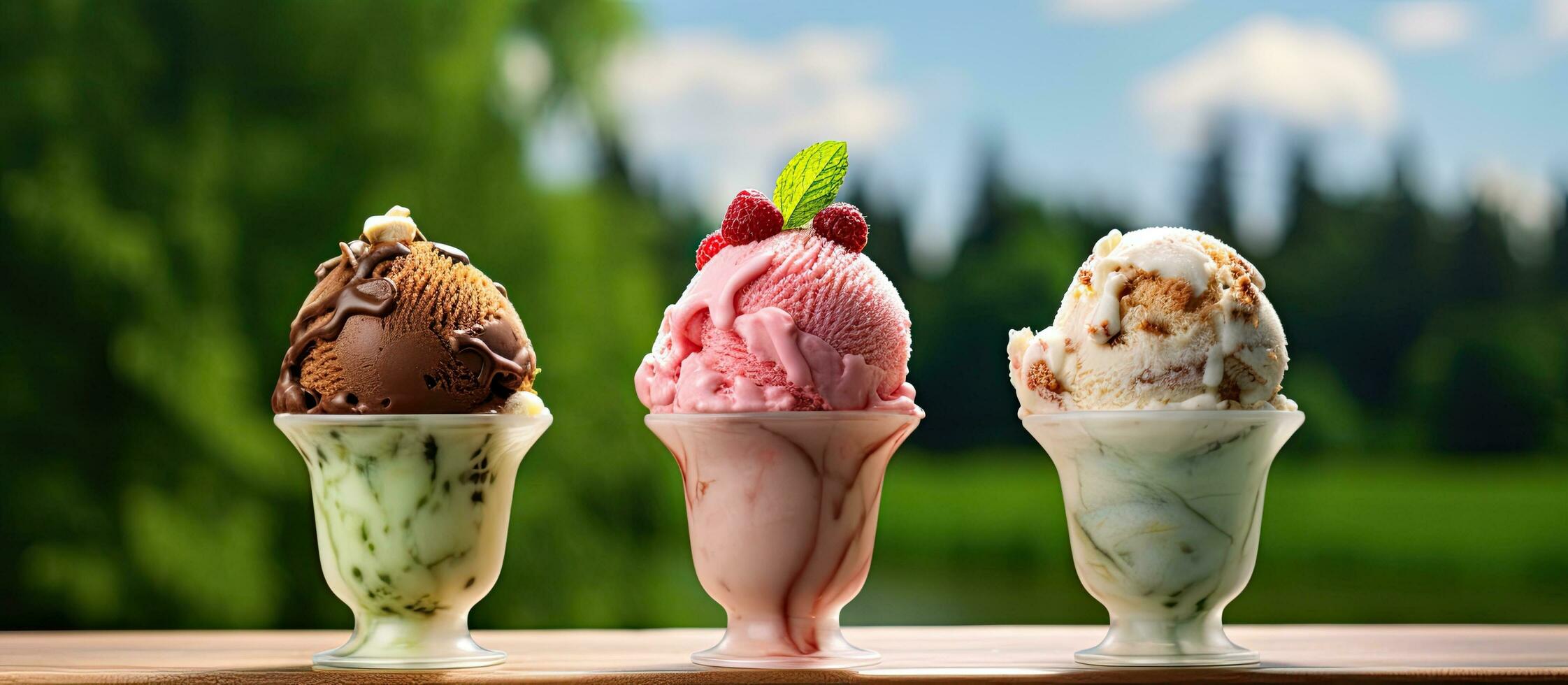 There are three different flavors of ice cream, placed on a metal stand on an outdoor table photo