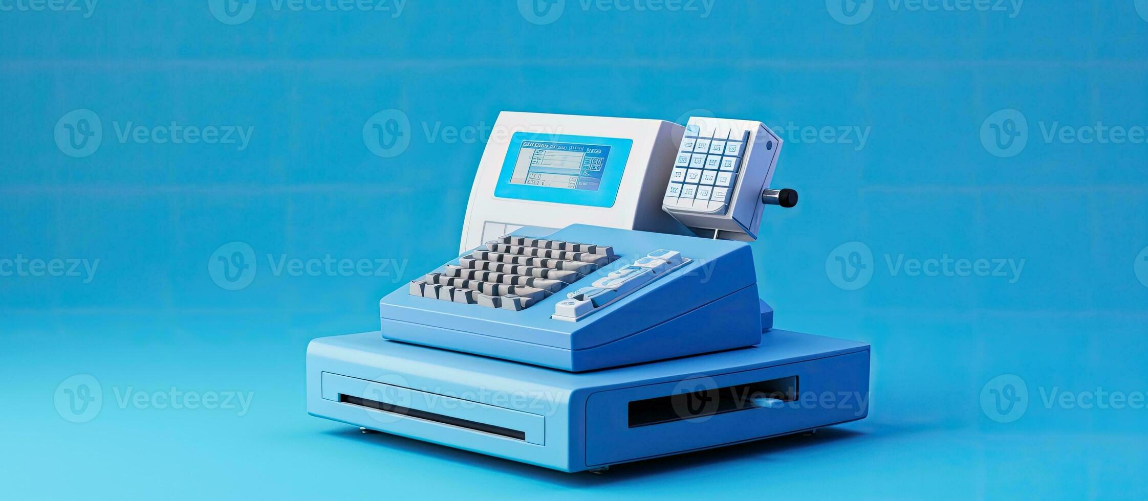 blue background, terminal cash register machine that is used for making payments. It includes photo