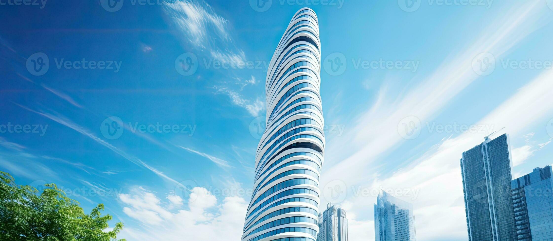 A beautiful modern skyscraper with a futuristic design is seen in the downtown area of the city. photo
