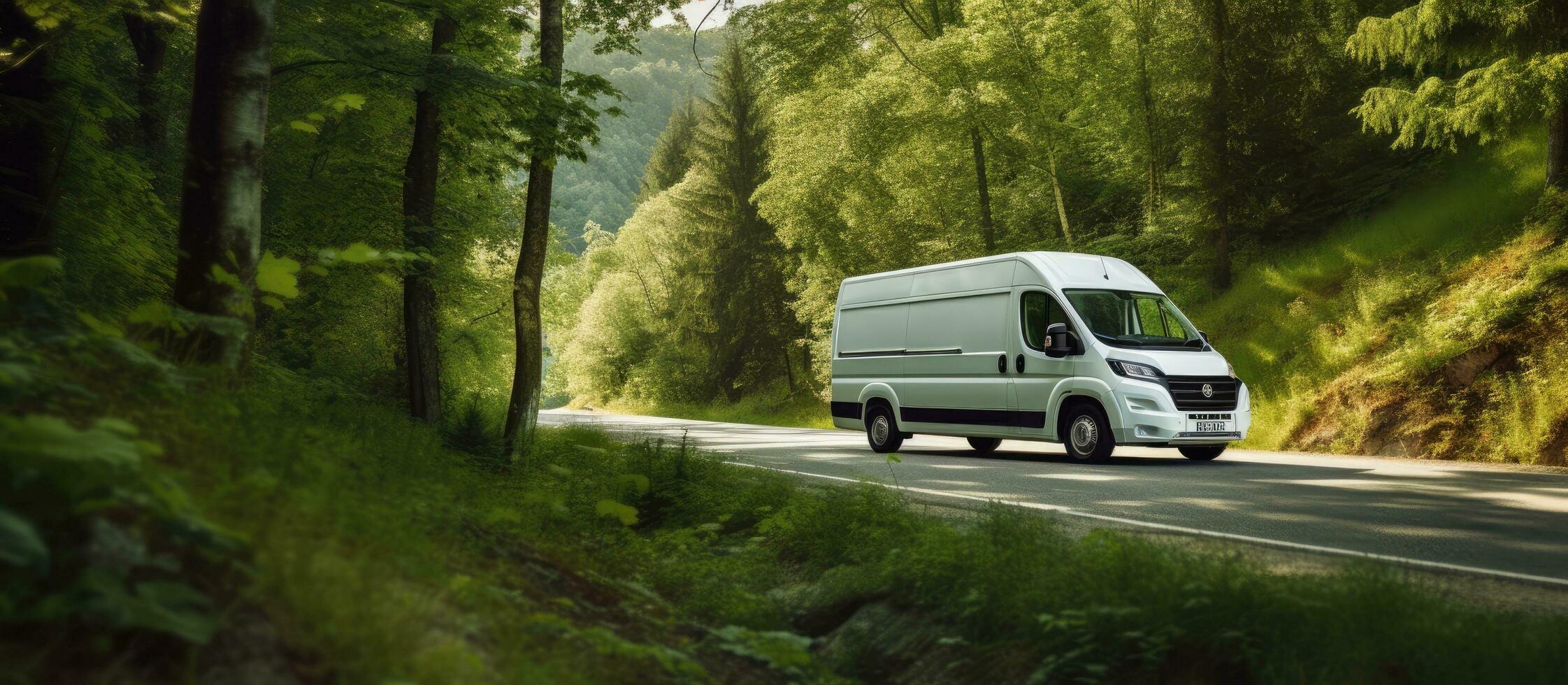 A white delivery van is driving on a countryside road during summertime, surrounded by green photo
