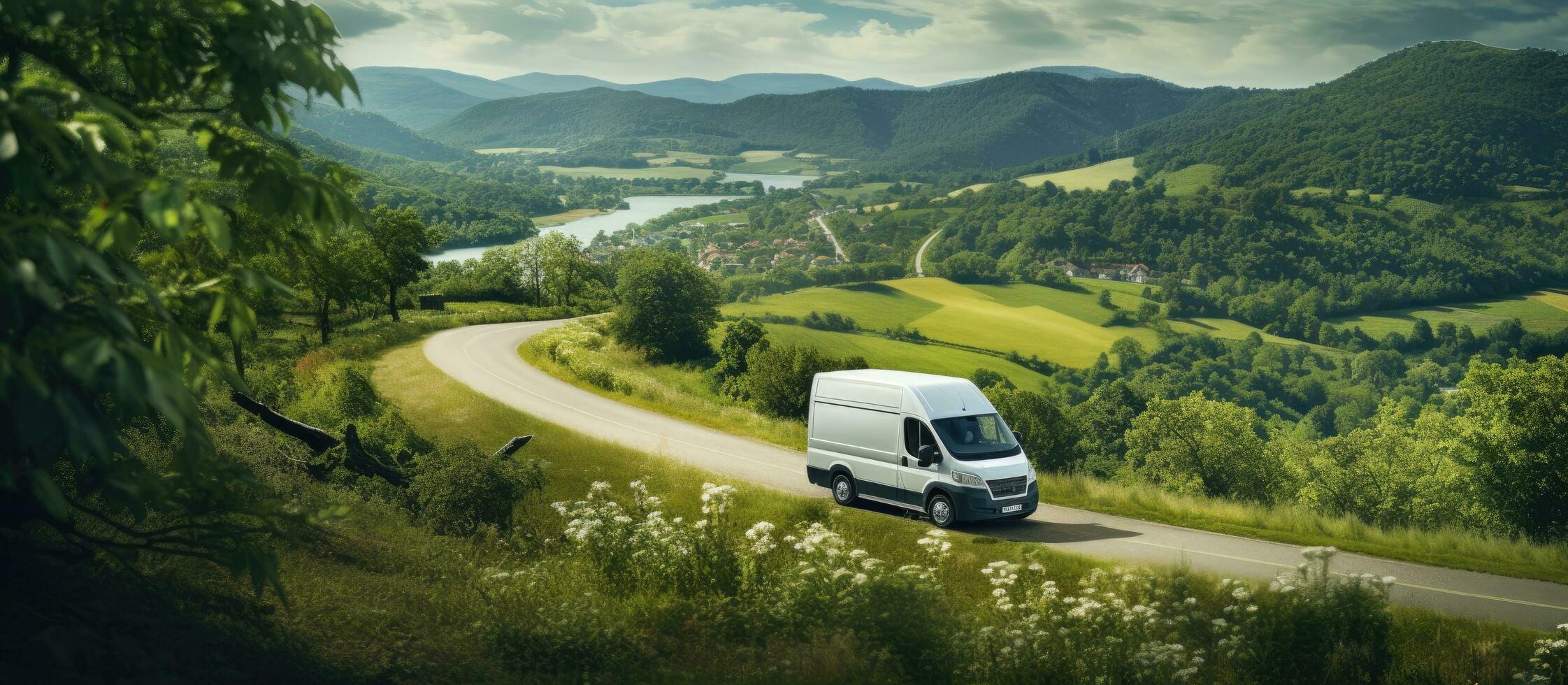 A white delivery van is driving on a countryside road during summertime, surrounded by green photo