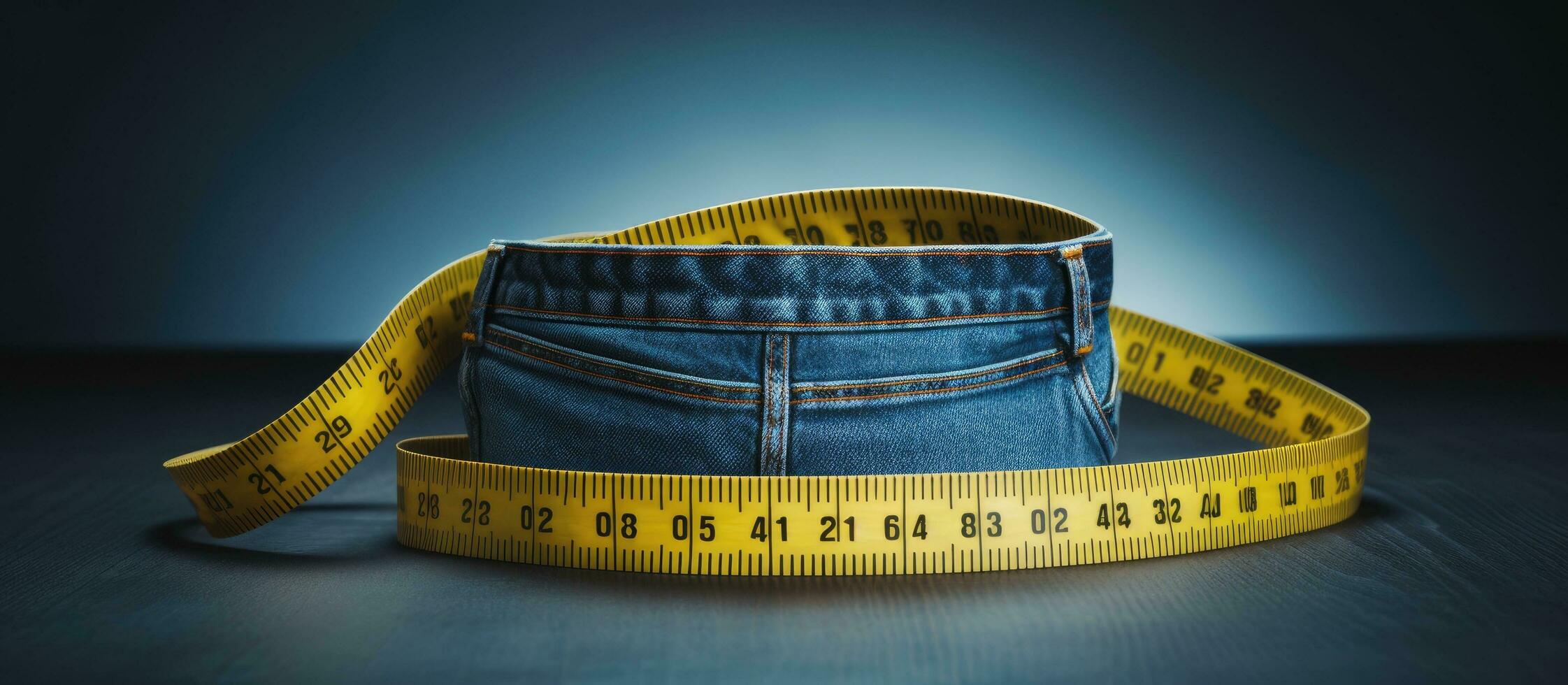 The idea of a healthy lifestyle and diet is represented by blue jeans with a yellow measuring photo