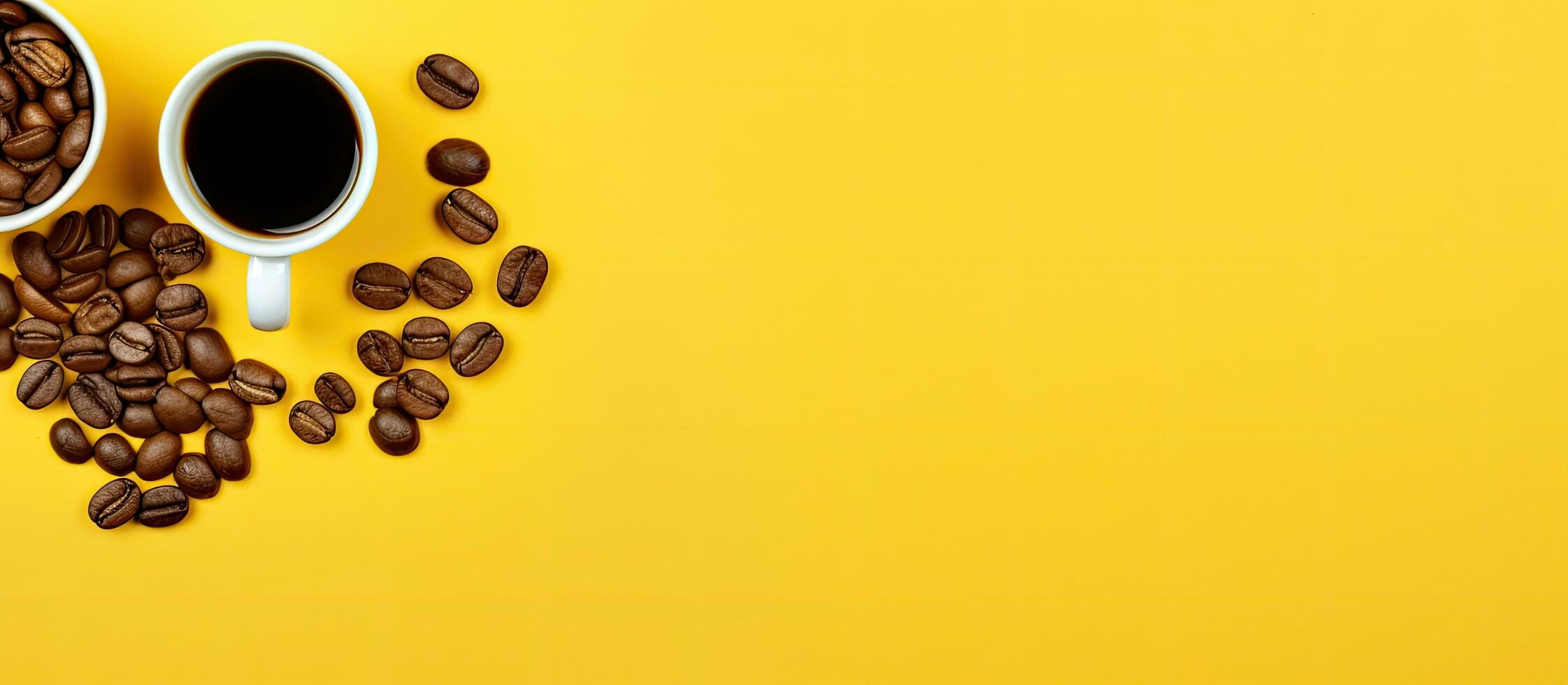 A yellow background with two cups of coffee and a coffee bean emoticon - perfect for adding photo