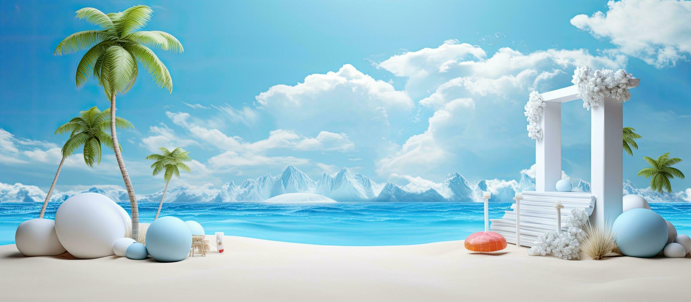 un 3d etapa en un playa con un azul cielo y blanco nubes en el