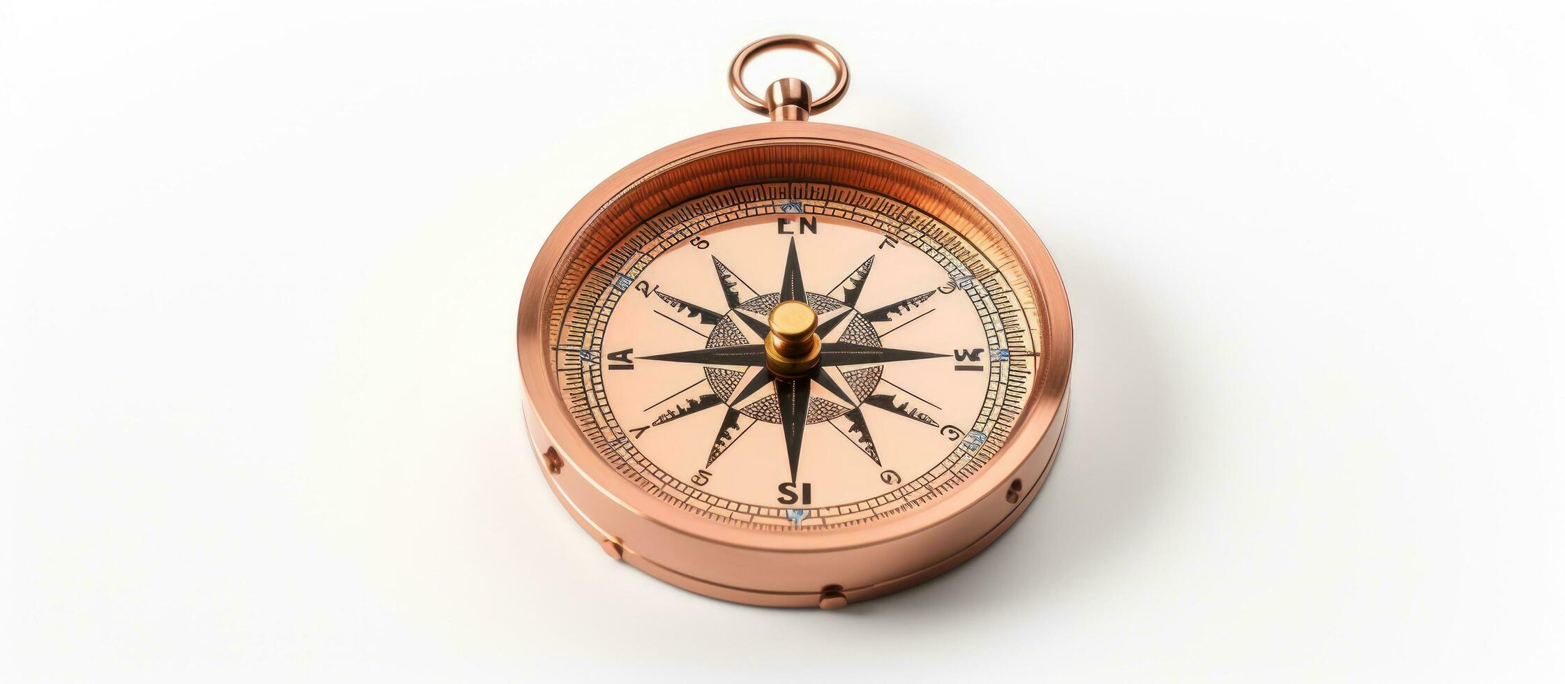 Closeup of a compass on a white background. Used for travel, geography, and navigation. empty photo