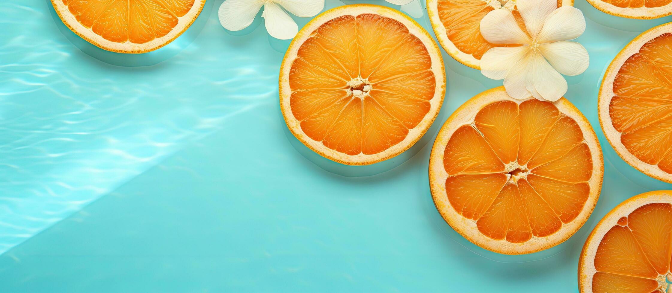A summer-themed background with orange fruit slices in a swimming pool is a creative and refreshing photo