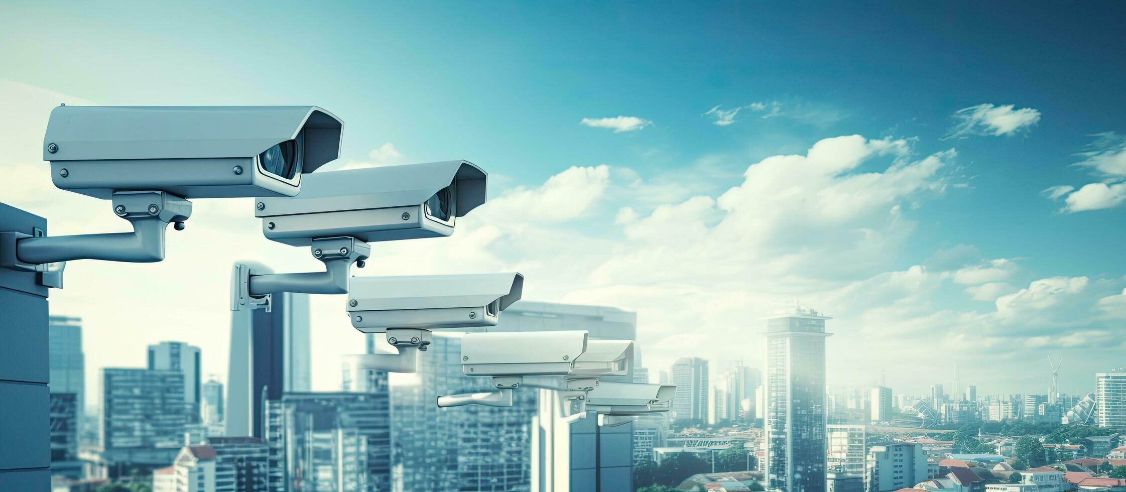 Group of IP CCTV cameras were installed on posts in the urban city for monitoring people as photo