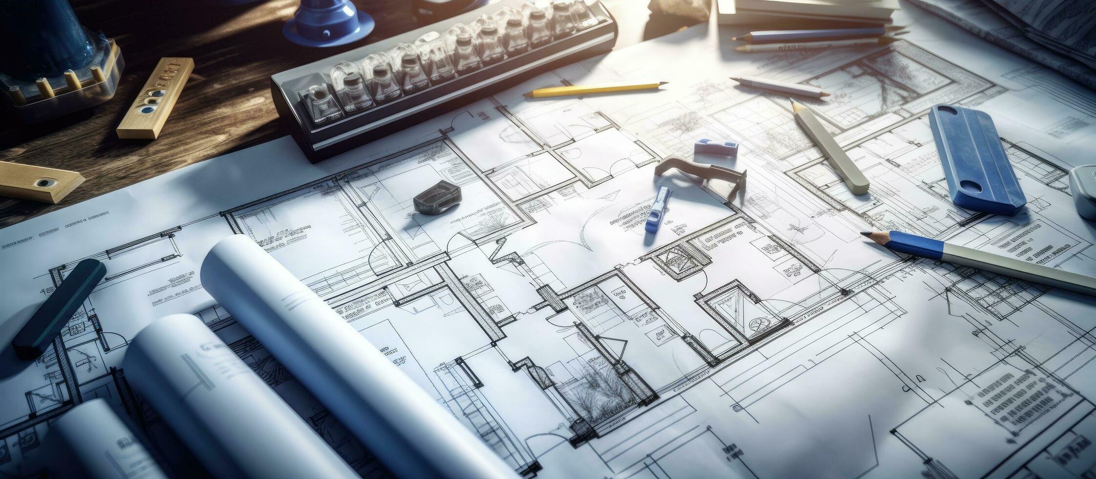 The top view of an architects workplace includes architectural project blueprints, blueprint photo