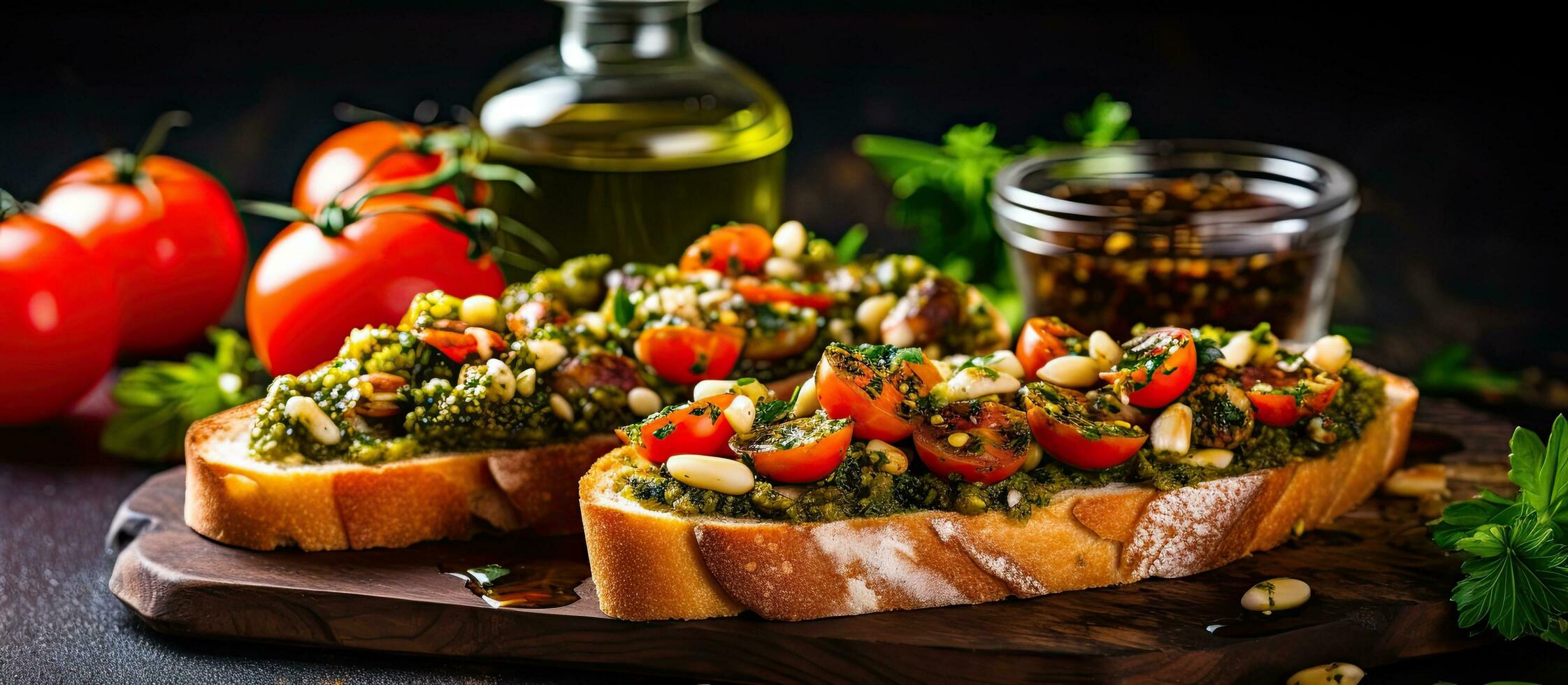 Bruschetta with olive oil, olives, pesto, garlic, and Parmesan is a delicacy that is both delicious photo