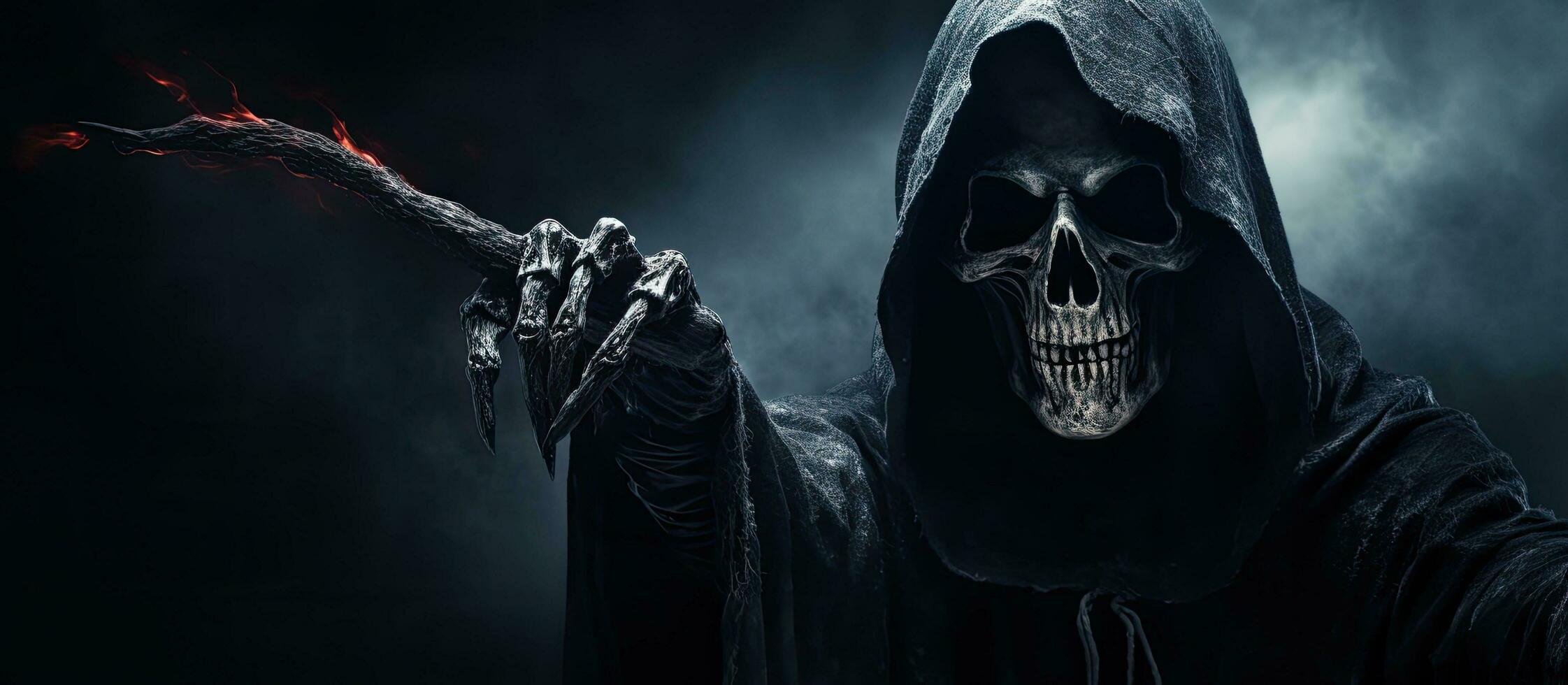 Grim Reaper extending arm towards camera against dark background with space to add text. photo