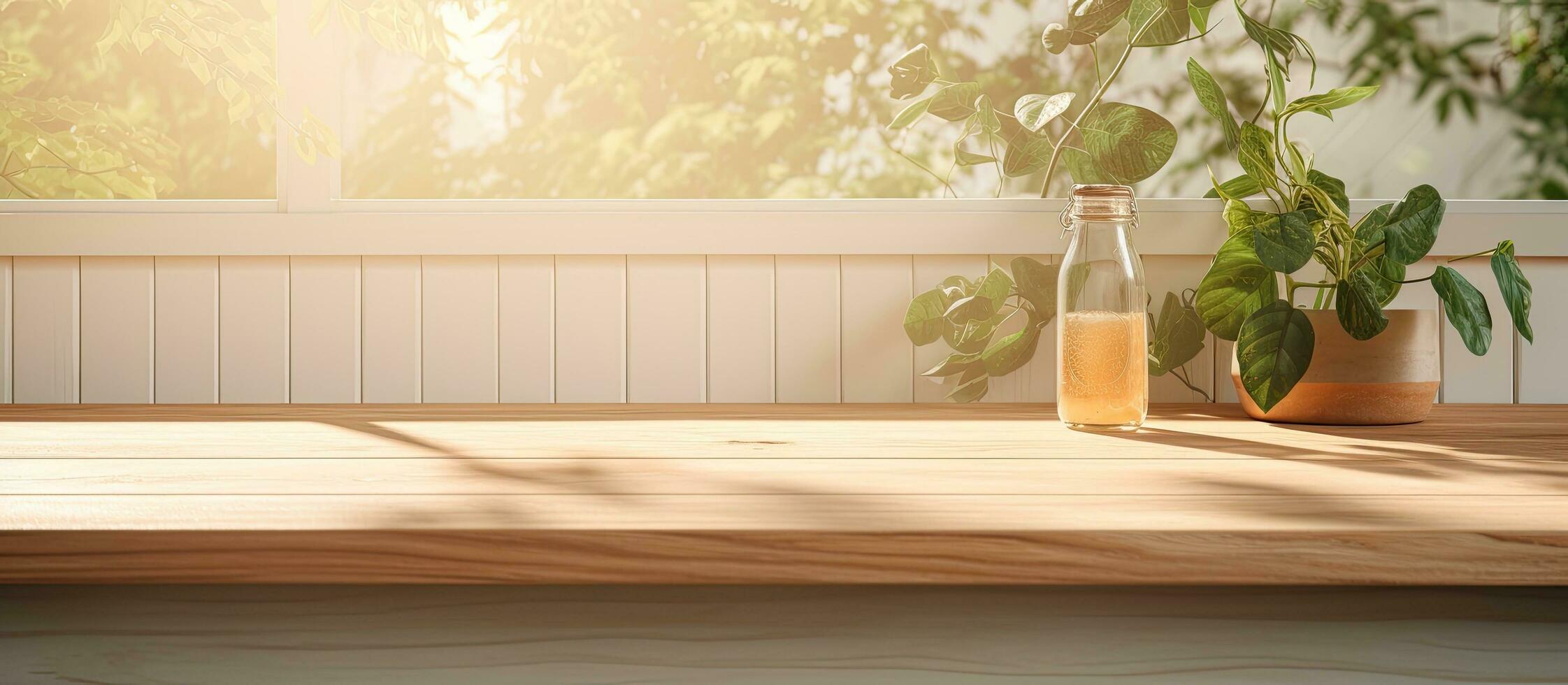 A background of a kitchen wooden countertop with sunlight beams and