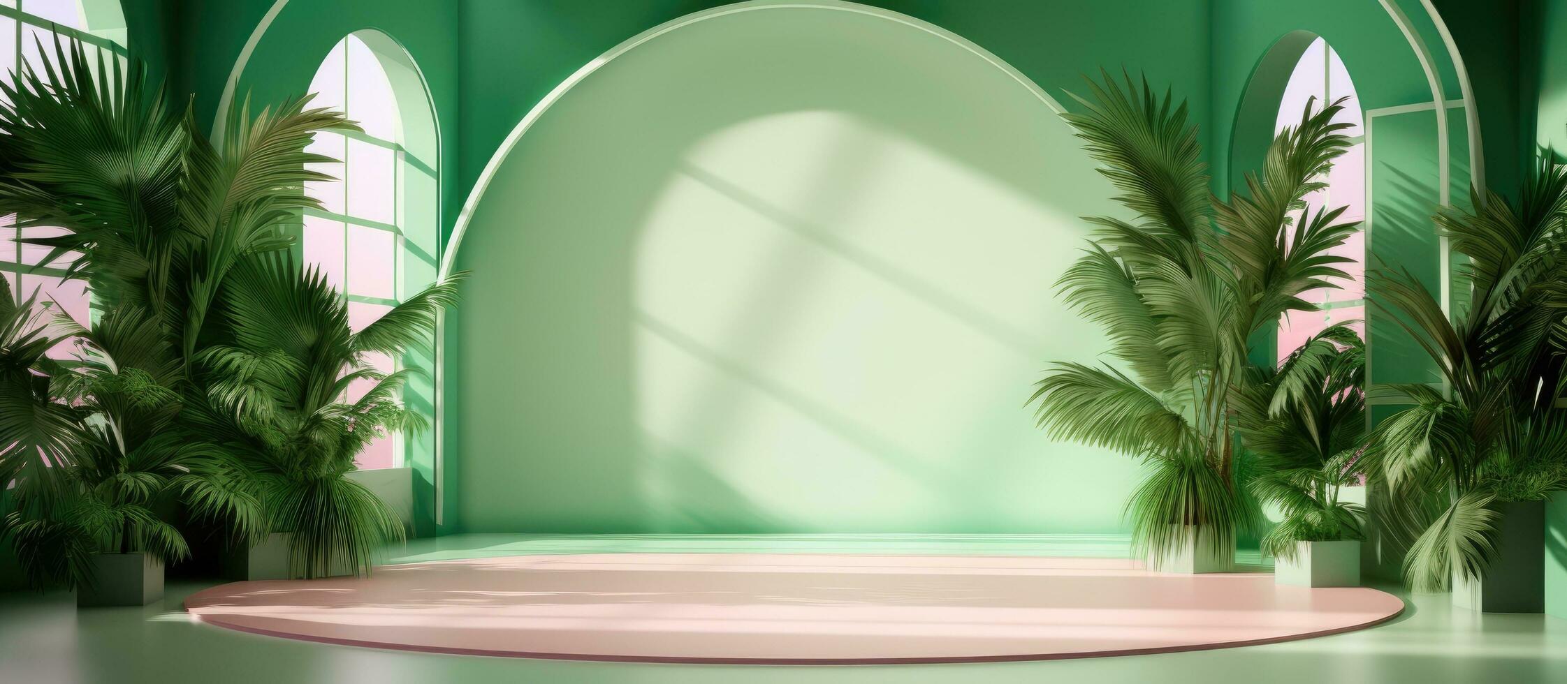 A 3D room with a gradient green background is depicted in an abstract studio setting for product photo