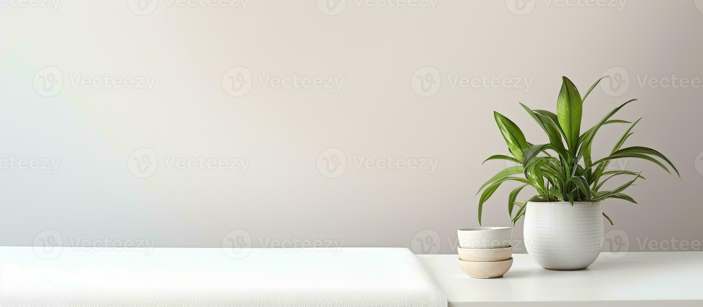 white table with a bright light background, and it has clean towels and a houseplant on it. photo