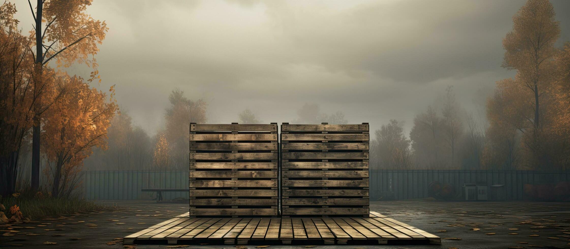 An empty wooden pallet is propped up against the wall of a warehouse in a field adjacent to photo