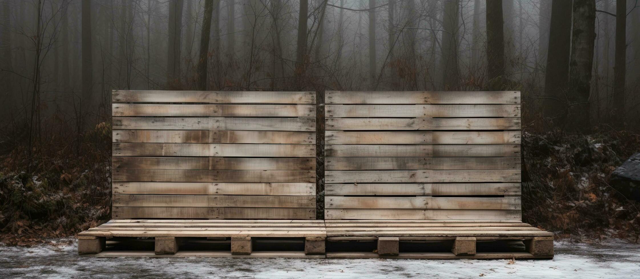 wooden pallet leaning against the wall of a warehouse in a field, next to a forest, on a rainy photo