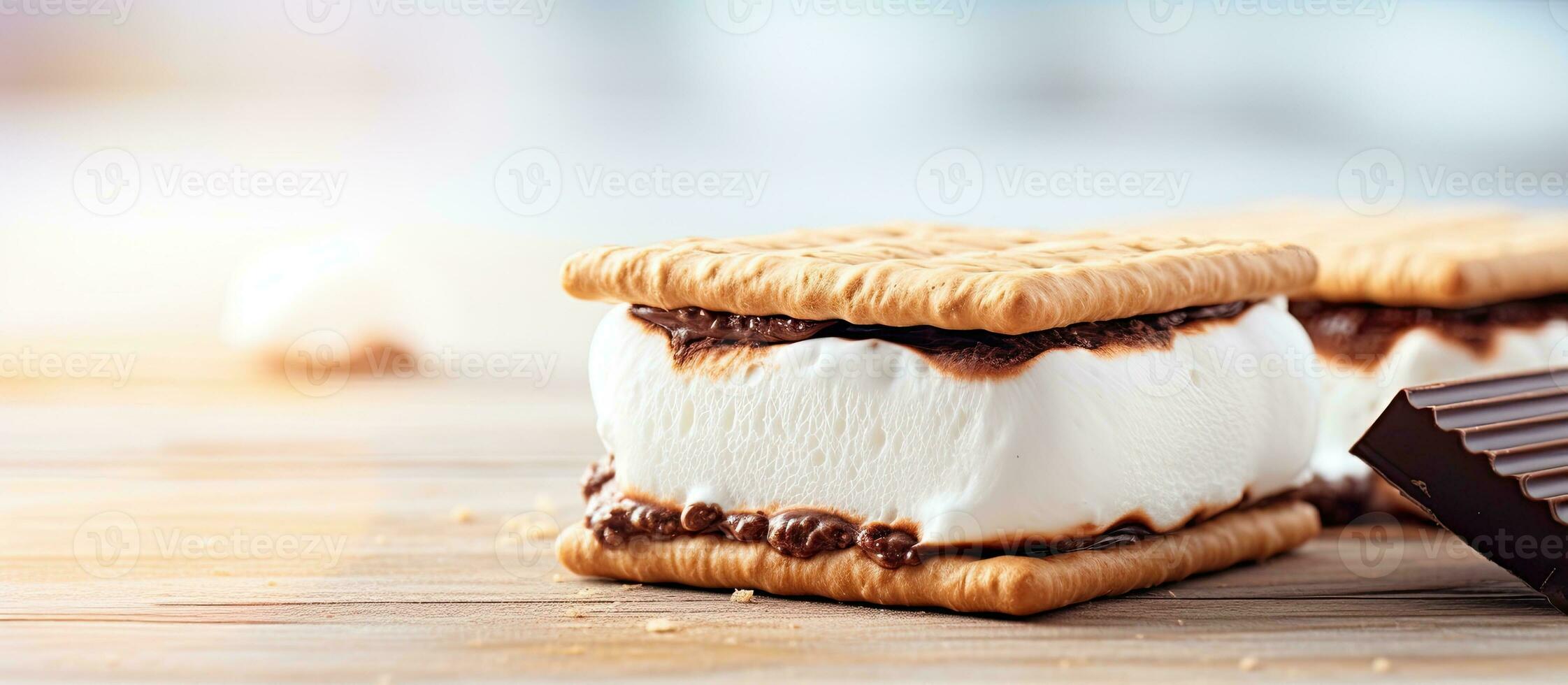 Close-up photograph of a tasty marshmallow sandwich topped with a cracker and chocolate, displayed photo