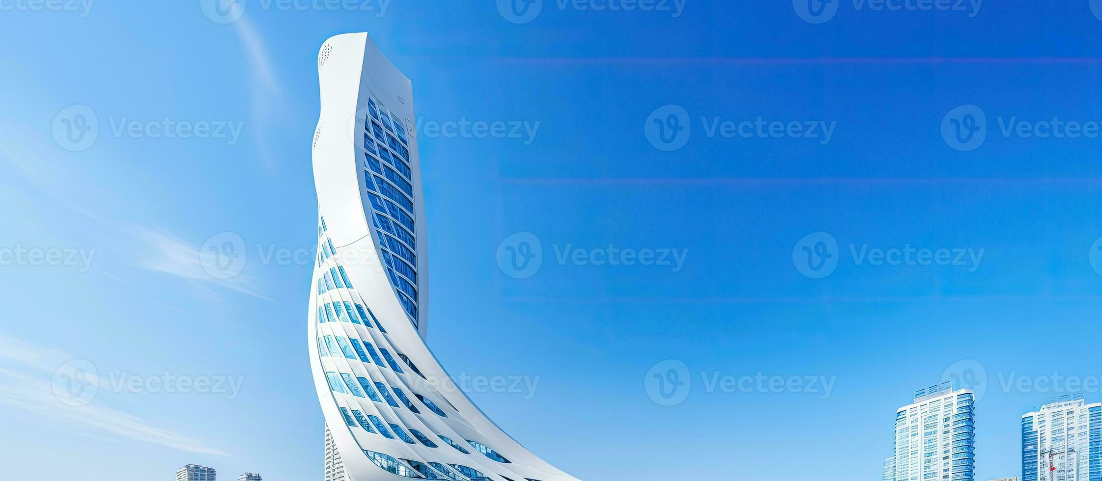 A beautiful modern skyscraper with a futuristic design is seen in the downtown area of the city. photo