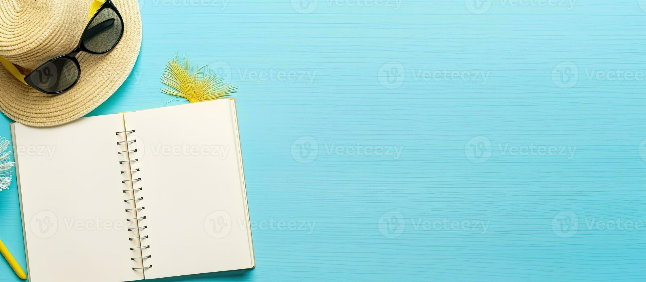 A writing book with summer beach accessories is shown on a background with copy space, offering photo