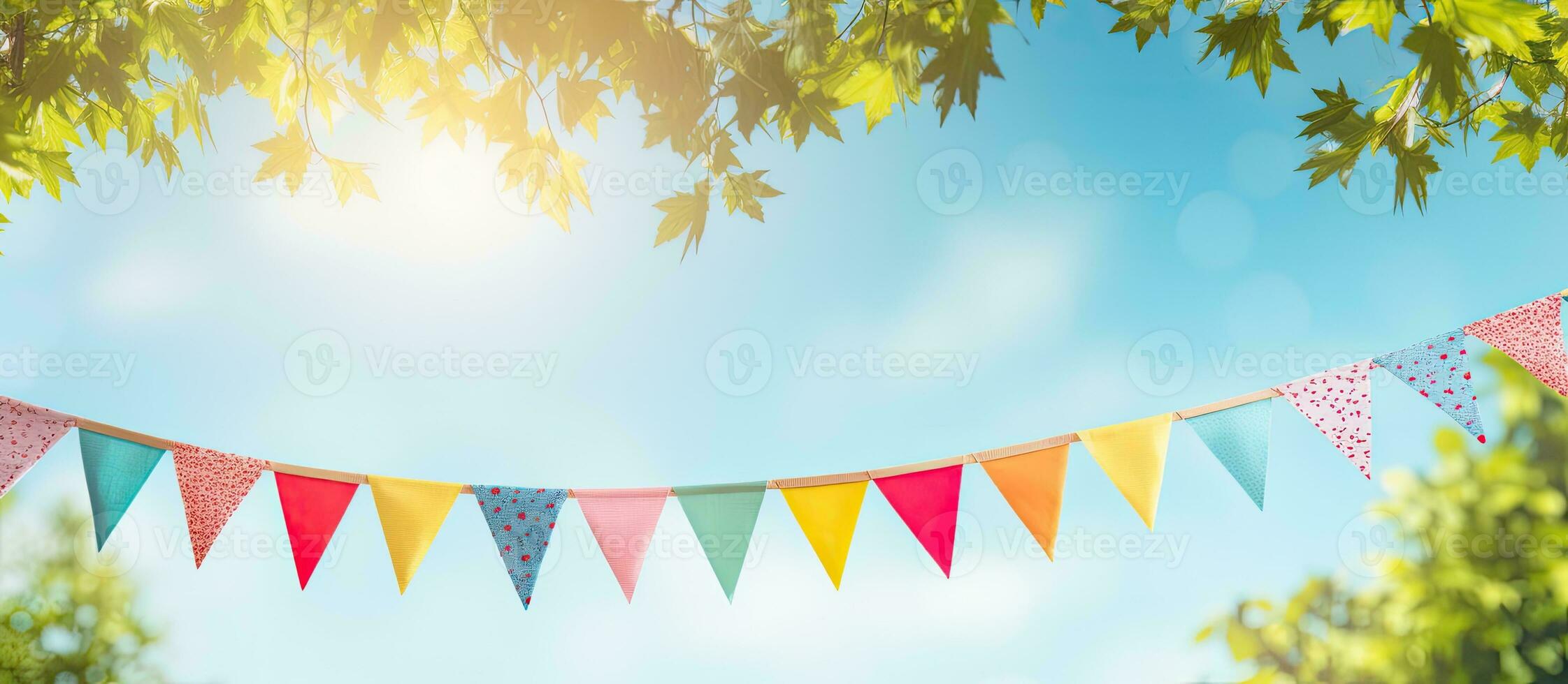 The background template banner with copy space features a colorful pennant string decoration photo