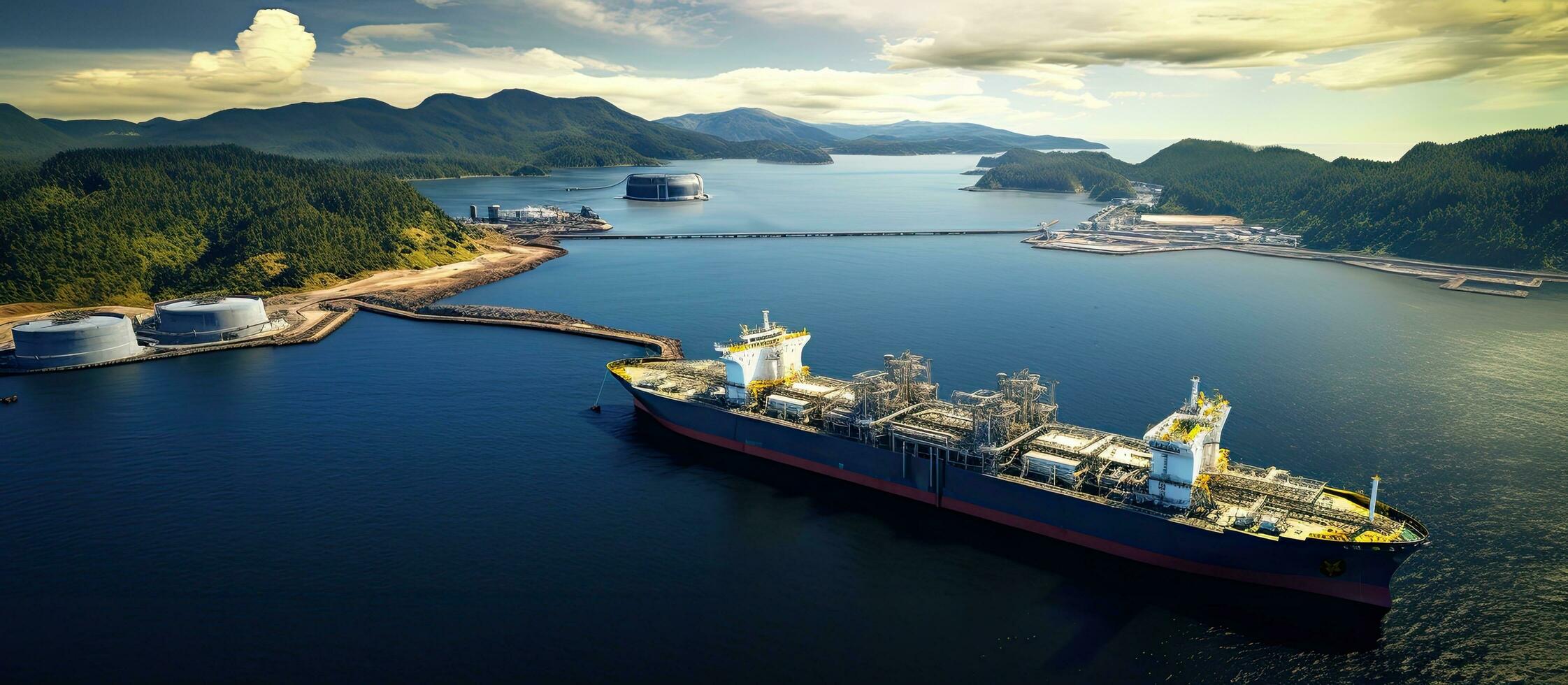 aerial drone capturing an ultra-wide panoramic photo of a Liquified Natural Gas LNG tanker