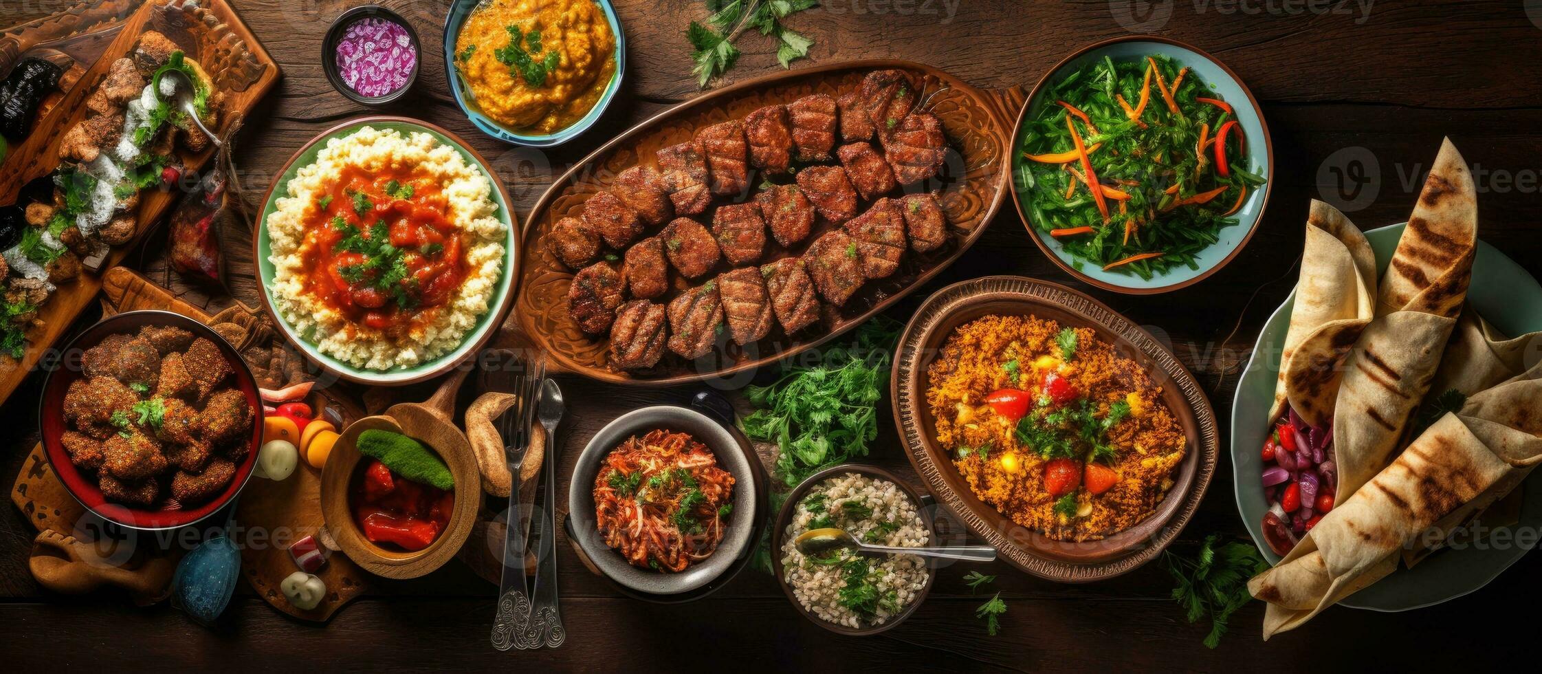 Arabic and Middle Eastern food displayed on a dinner table. The meal includes meat kebab, hummus, photo