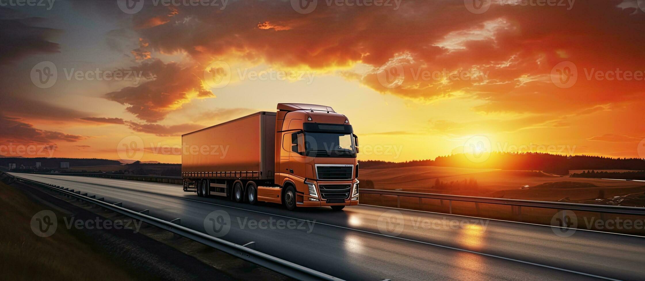 A truck with a trailer is driving on the motorway at night with an orange sunny sunset in the photo