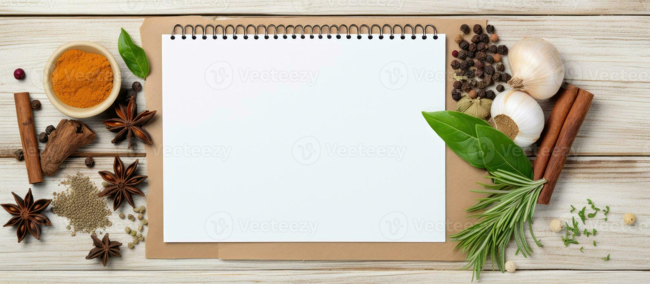 A recipe notepad with herbs and spices is seen from a top view on a wooden white background, photo