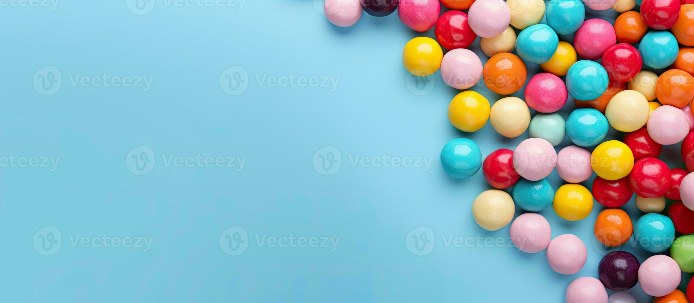 Colorful candy balls are displayed on a blue paper background in the format of a horizontal photo