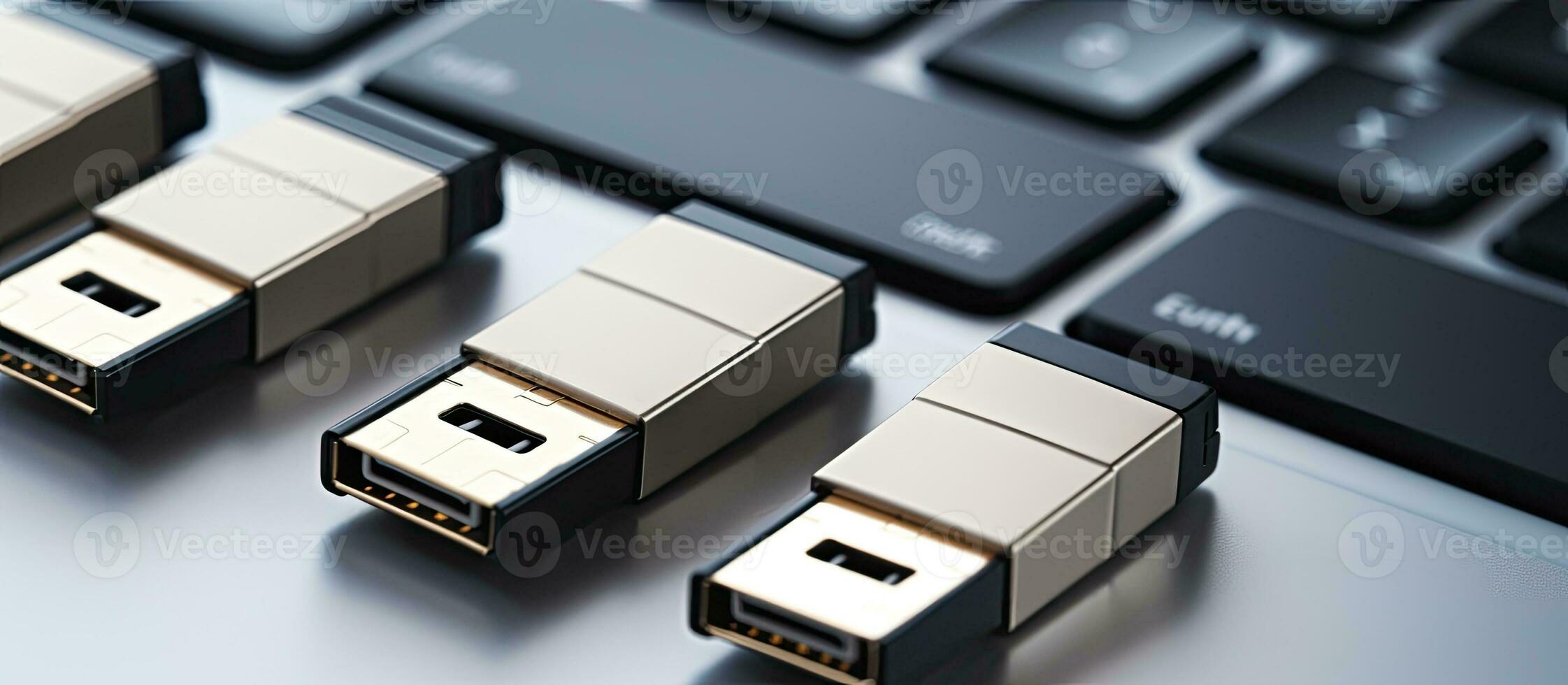 A USB flash drive is shown in front of white file folders or ring binders, representing the photo