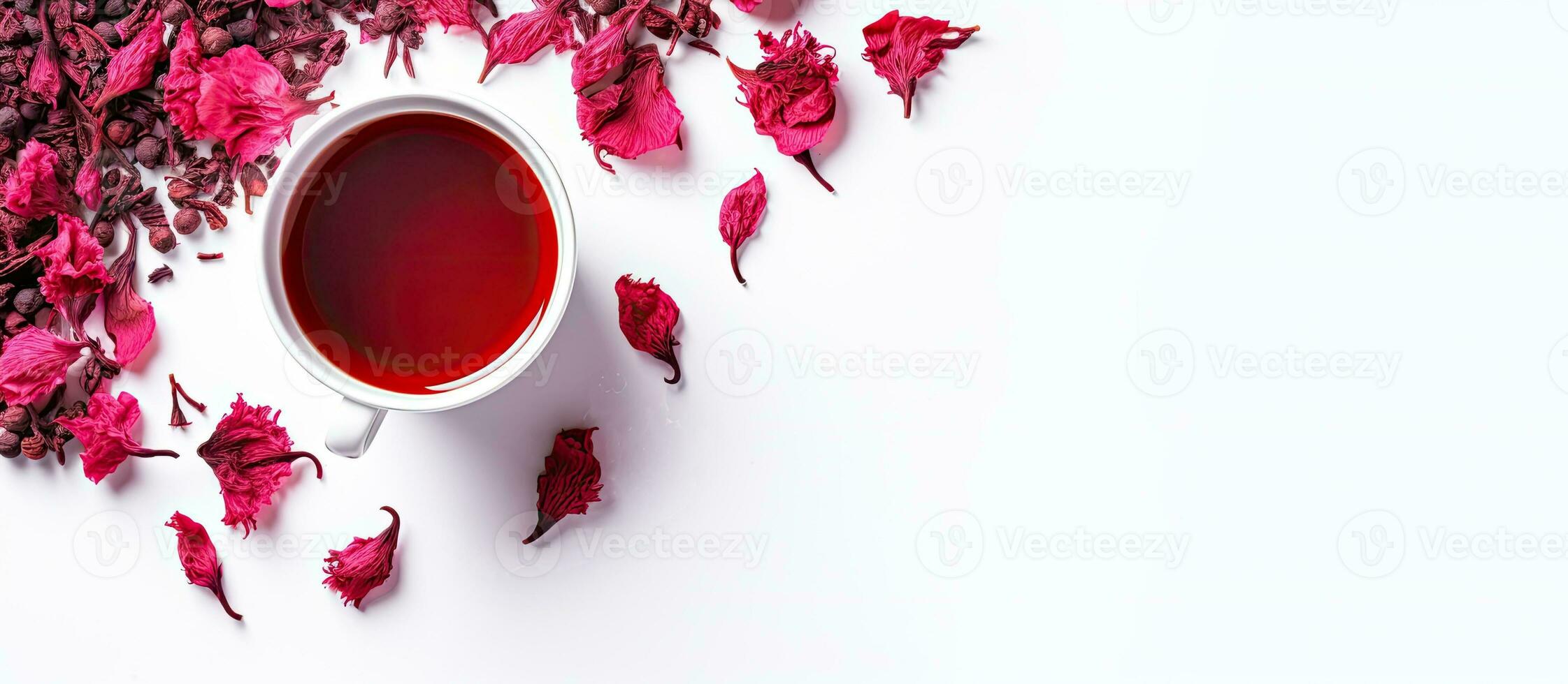 sano herbario té para un sano estilo de vida - un parte superior ver de hibisco té y seco hibisco dispersado foto