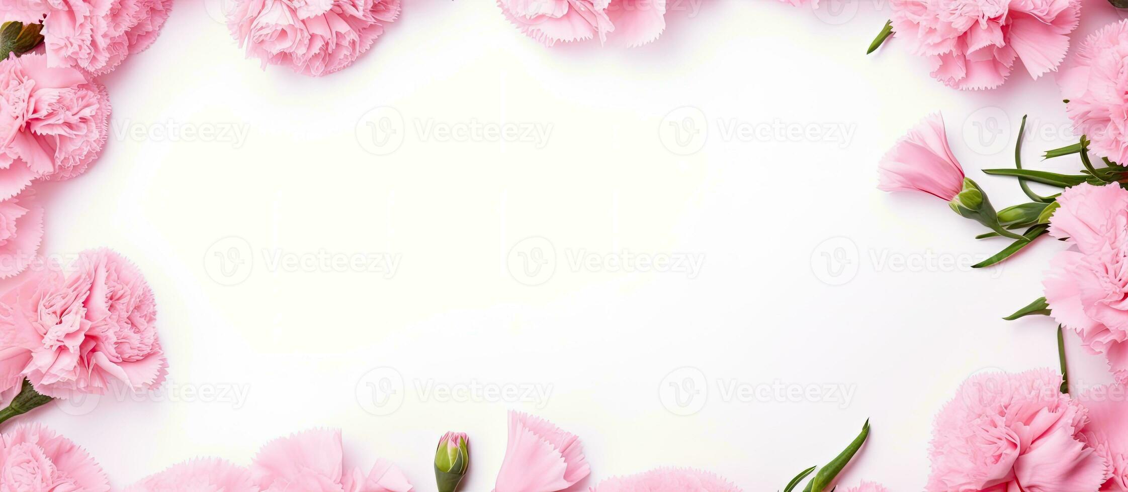 A pink carnation flower frame on a white background with a blank space in the middle. It is photo