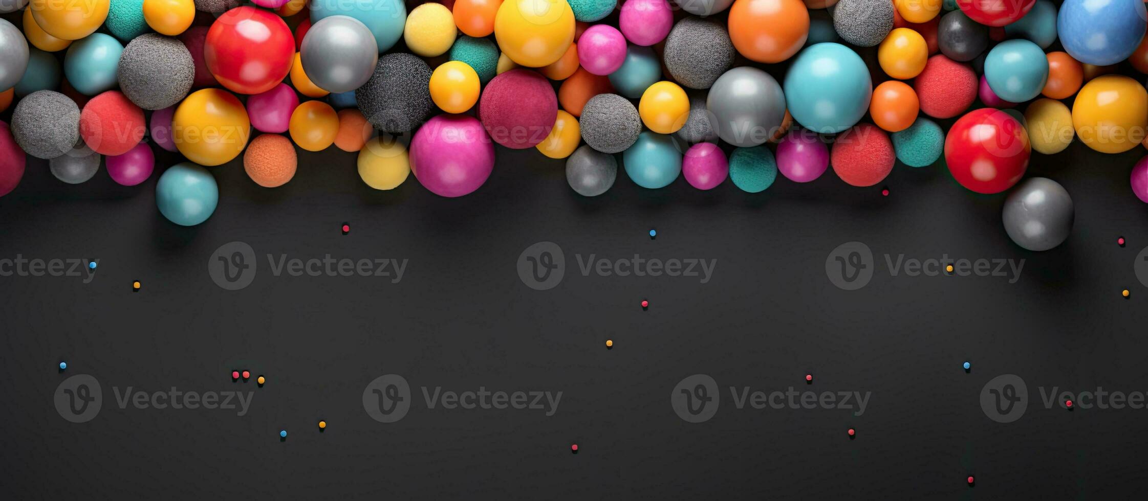 A horizontal banner with a gray and black paper background displays colorful candy balls and photo