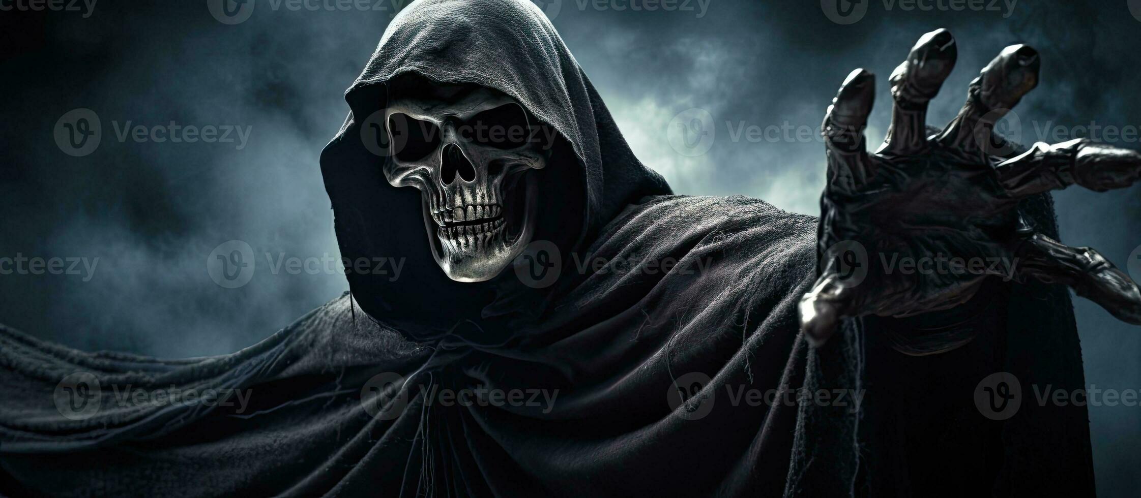 Grim Reaper extending arm towards camera against dark background with space to add text. photo