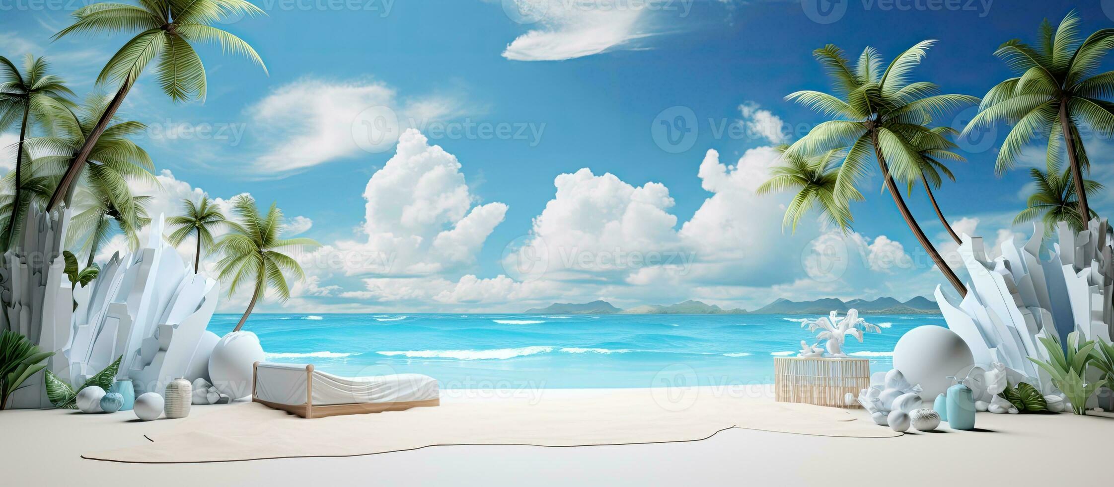 A 3D stage on a beach with a blue sky and white clouds in the