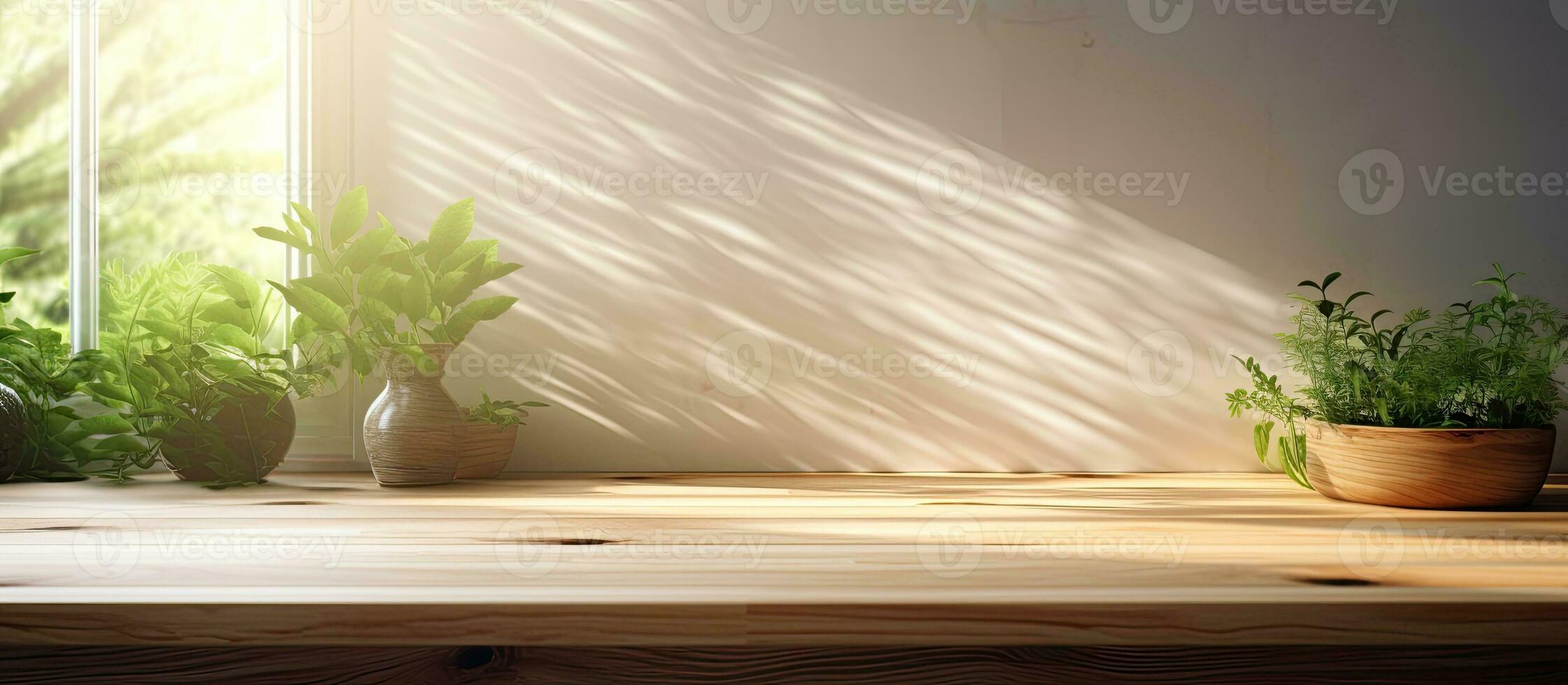 un antecedentes de un cocina de madera encimera con luz de sol vigas y ventana y hoja oscuridad. foto