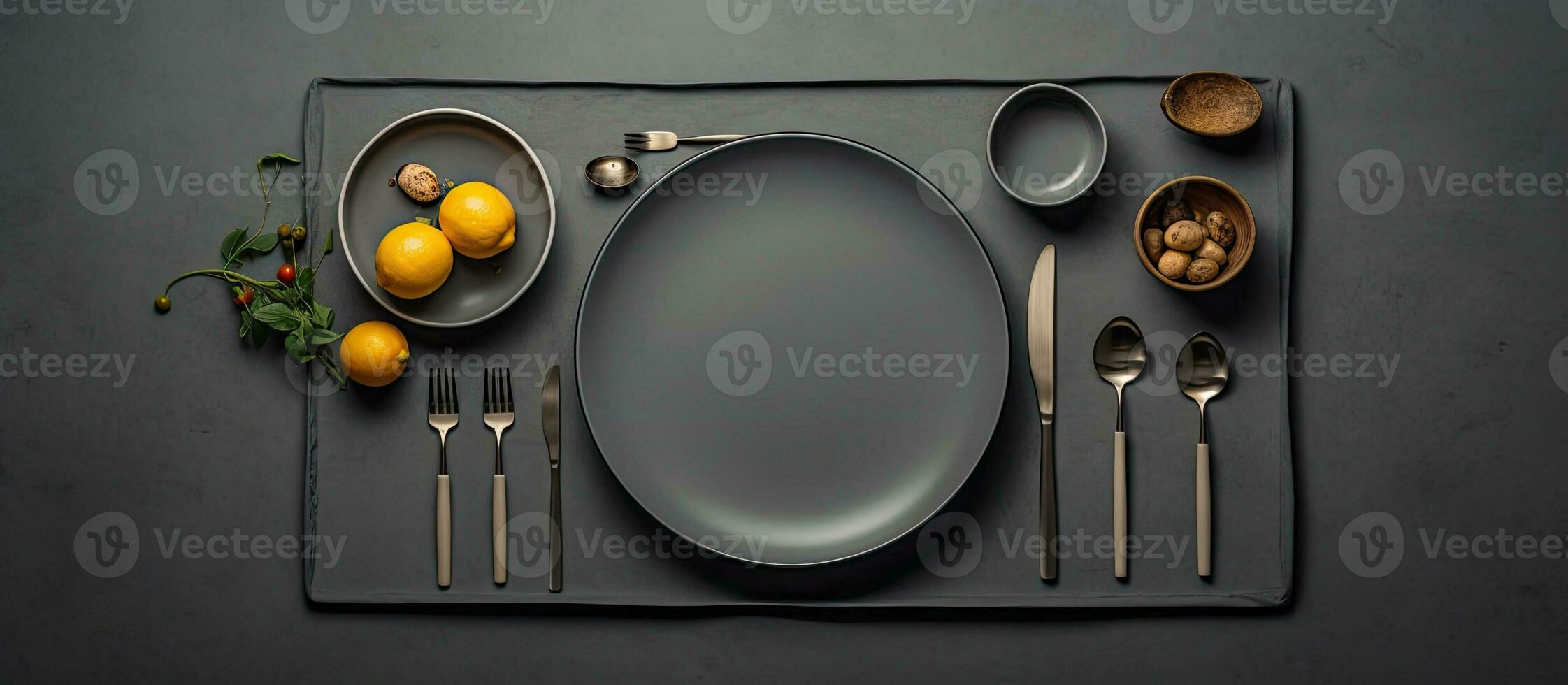 A gray table with no food but with cutlery on top when viewed from above. photo