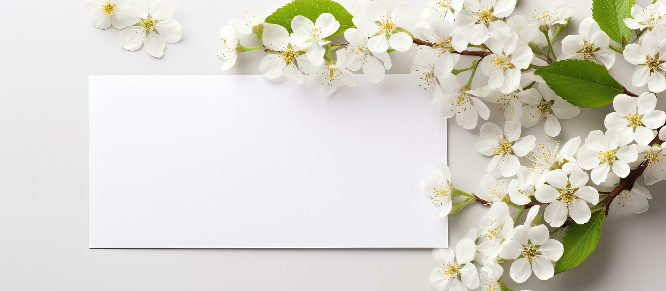 Top view mockup of a blank paper greeting card with an envelope and white flowers, along with photo