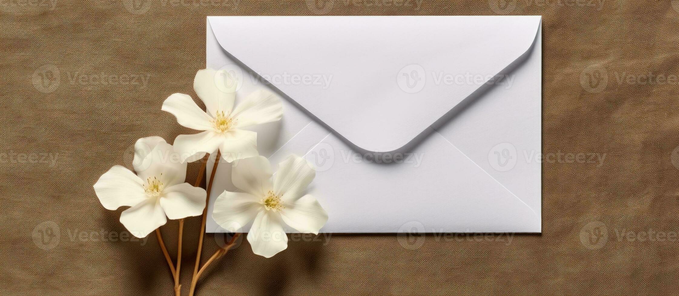 Top view mockup of a blank paper greeting card with an envelope and white flowers, along with photo