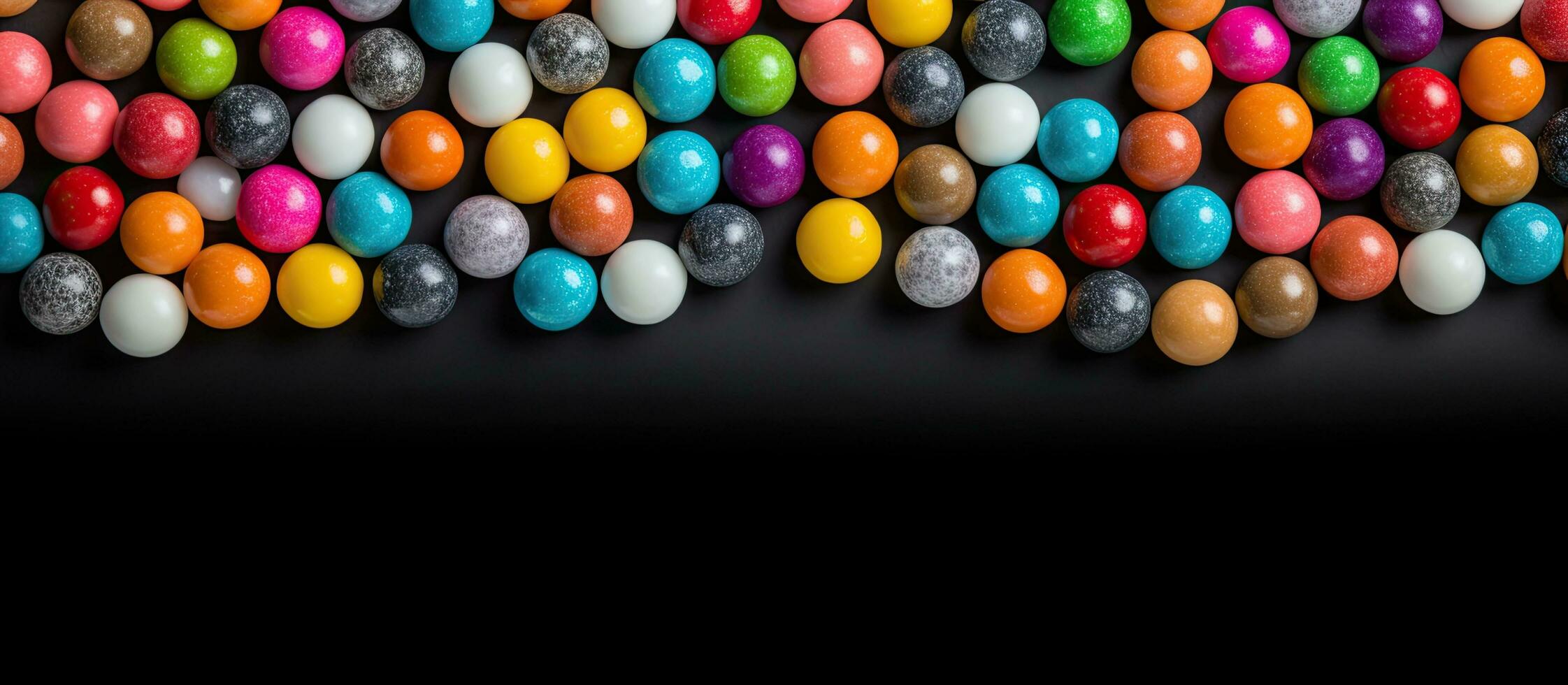 Colorful candy balls are arranged on a gray-black paper background in the format of a horizontal photo